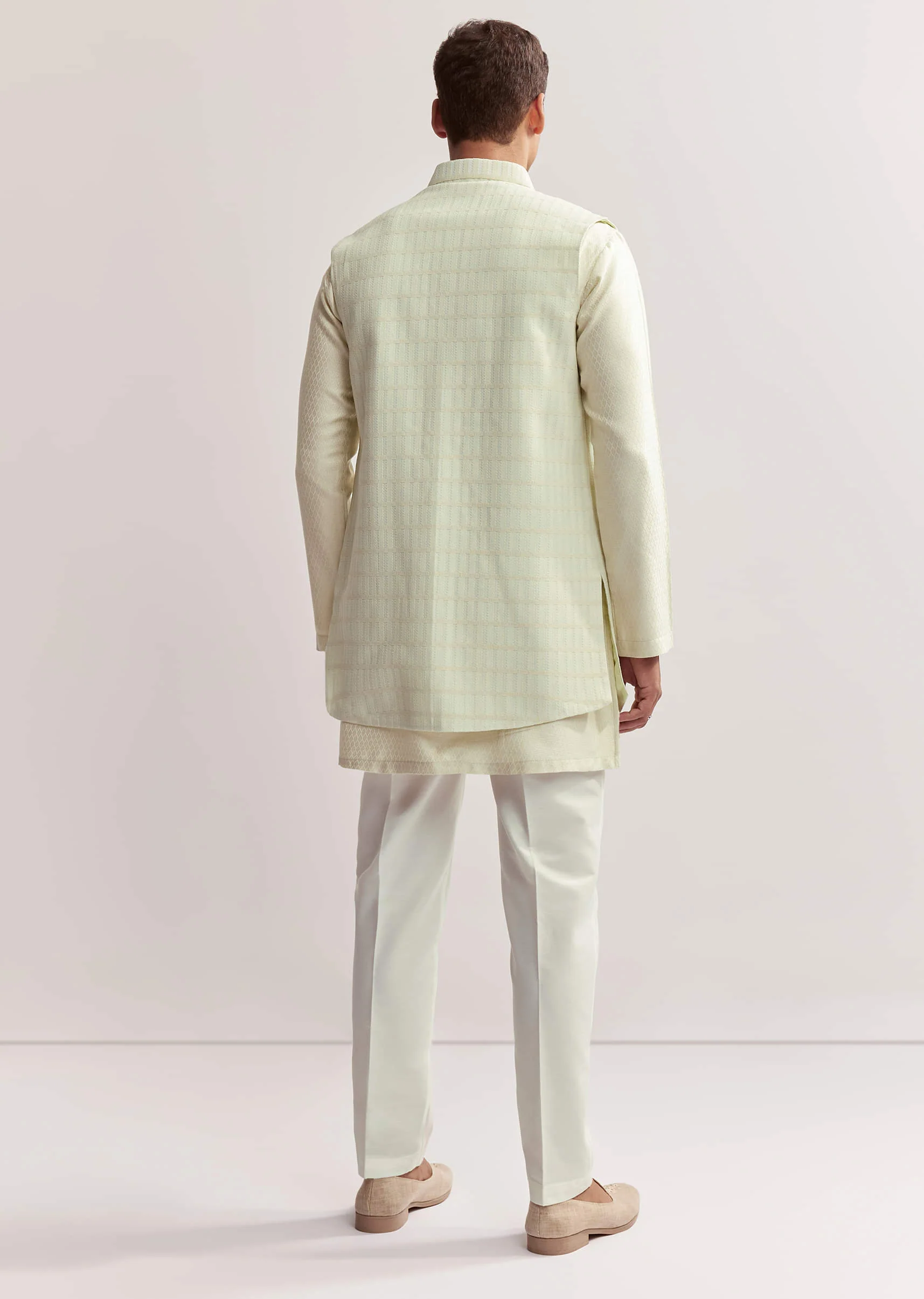 Mint Green Silk Kurta Jacket Set For Men With Cutdana Motif - Image 5