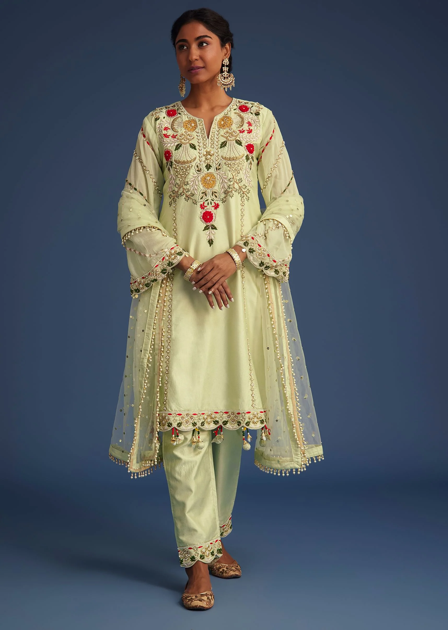 Mint Green Silk Kurta Set With Embroidery - Image 3