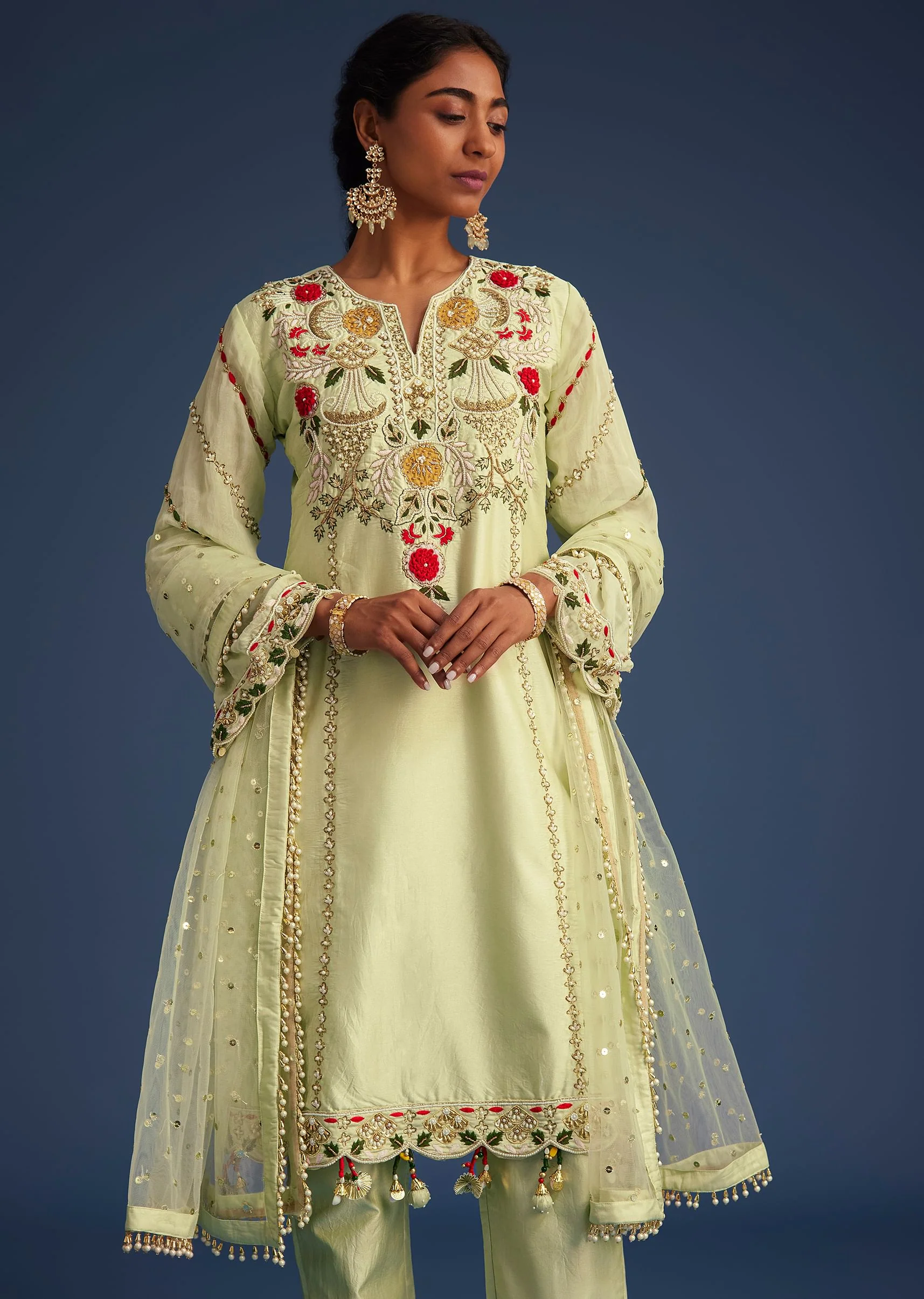 Mint Green Silk Kurta Set With Embroidery - Image 4