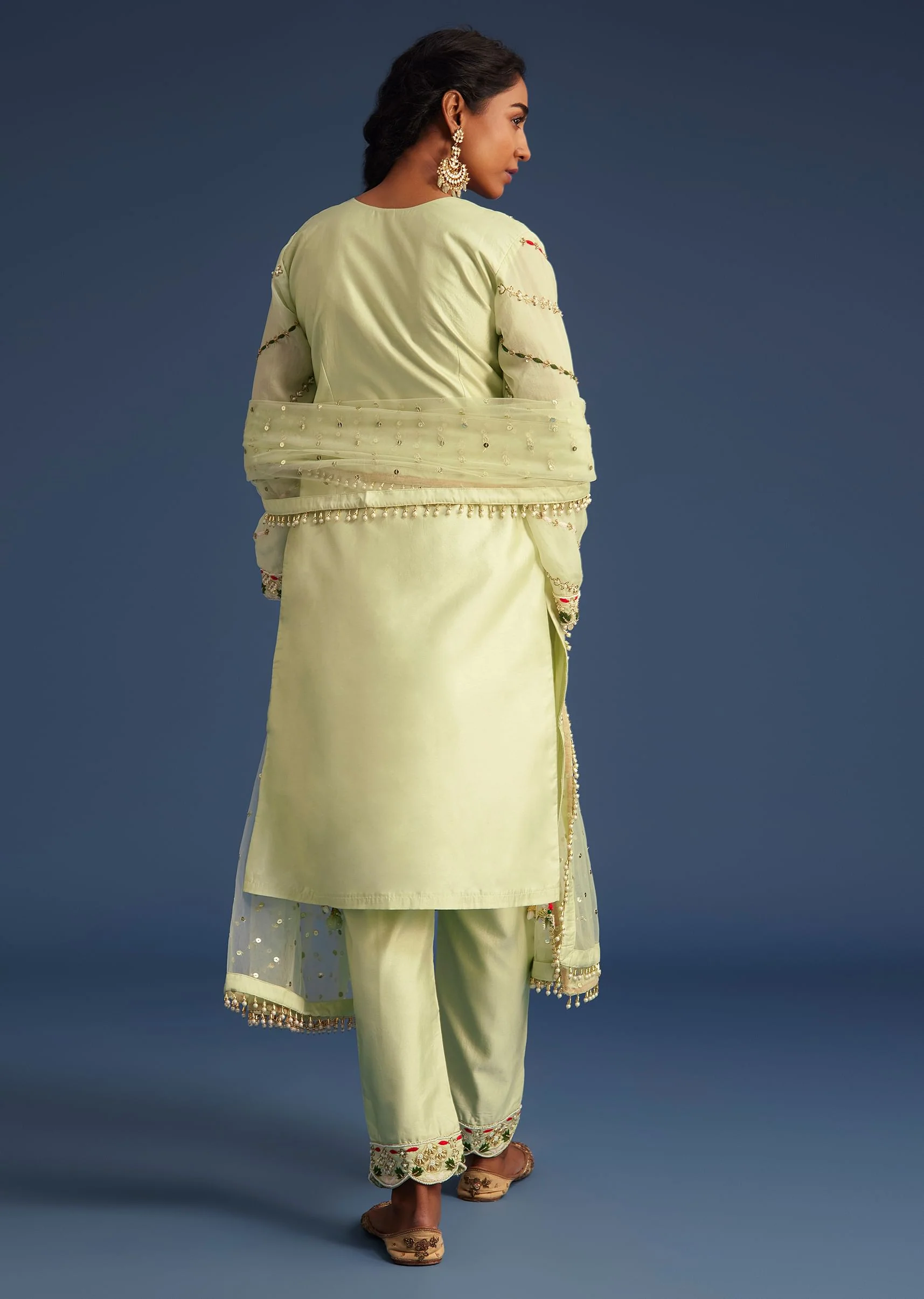 Mint Green Silk Kurta Set With Embroidery - Image 5