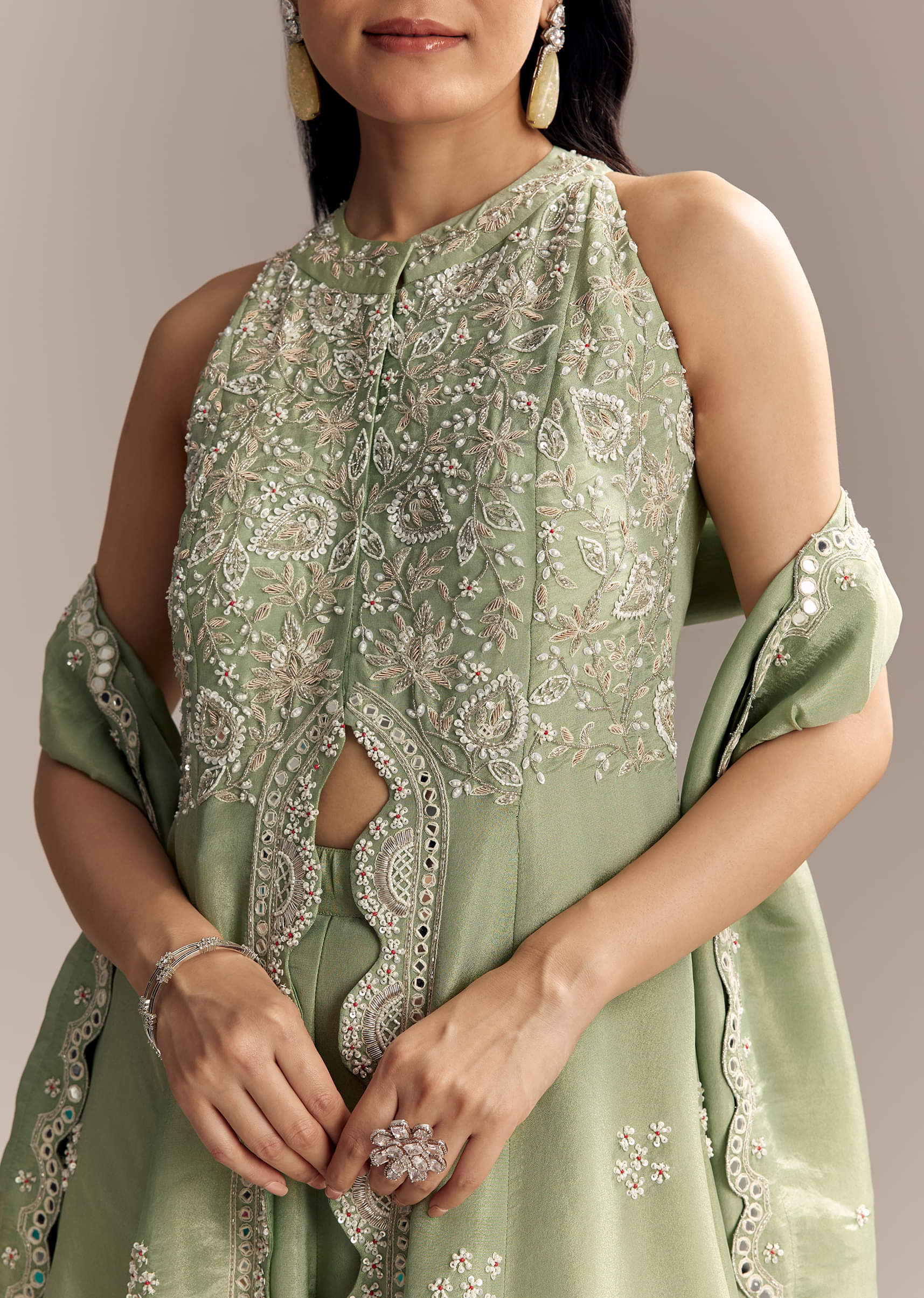 Mint Green Tissue Anarkali Suit With Cutdana And Beads Embroidery - Image 2