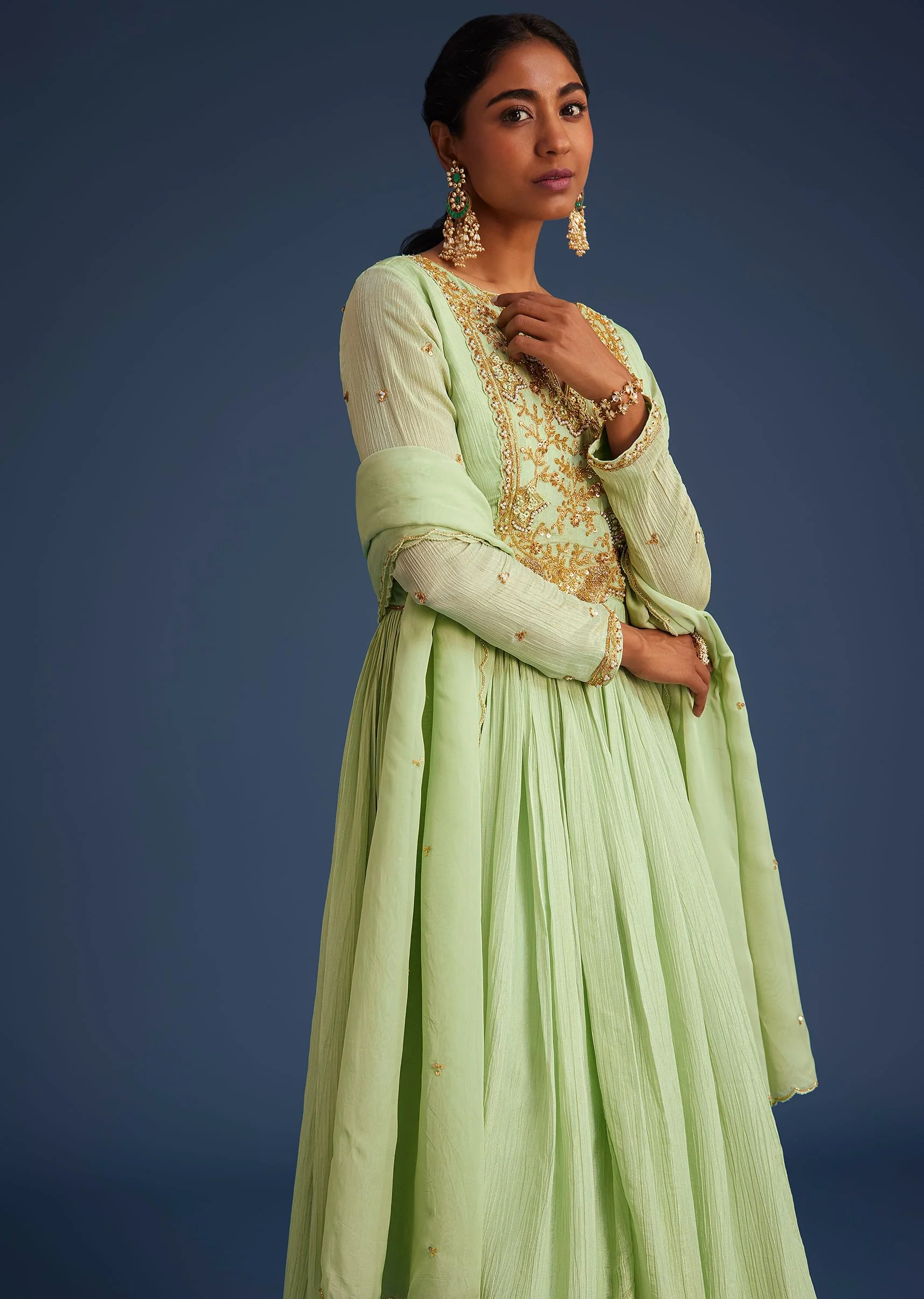 Mint Green Tissue Embroidered Anarkali With Dupatta - Image 4