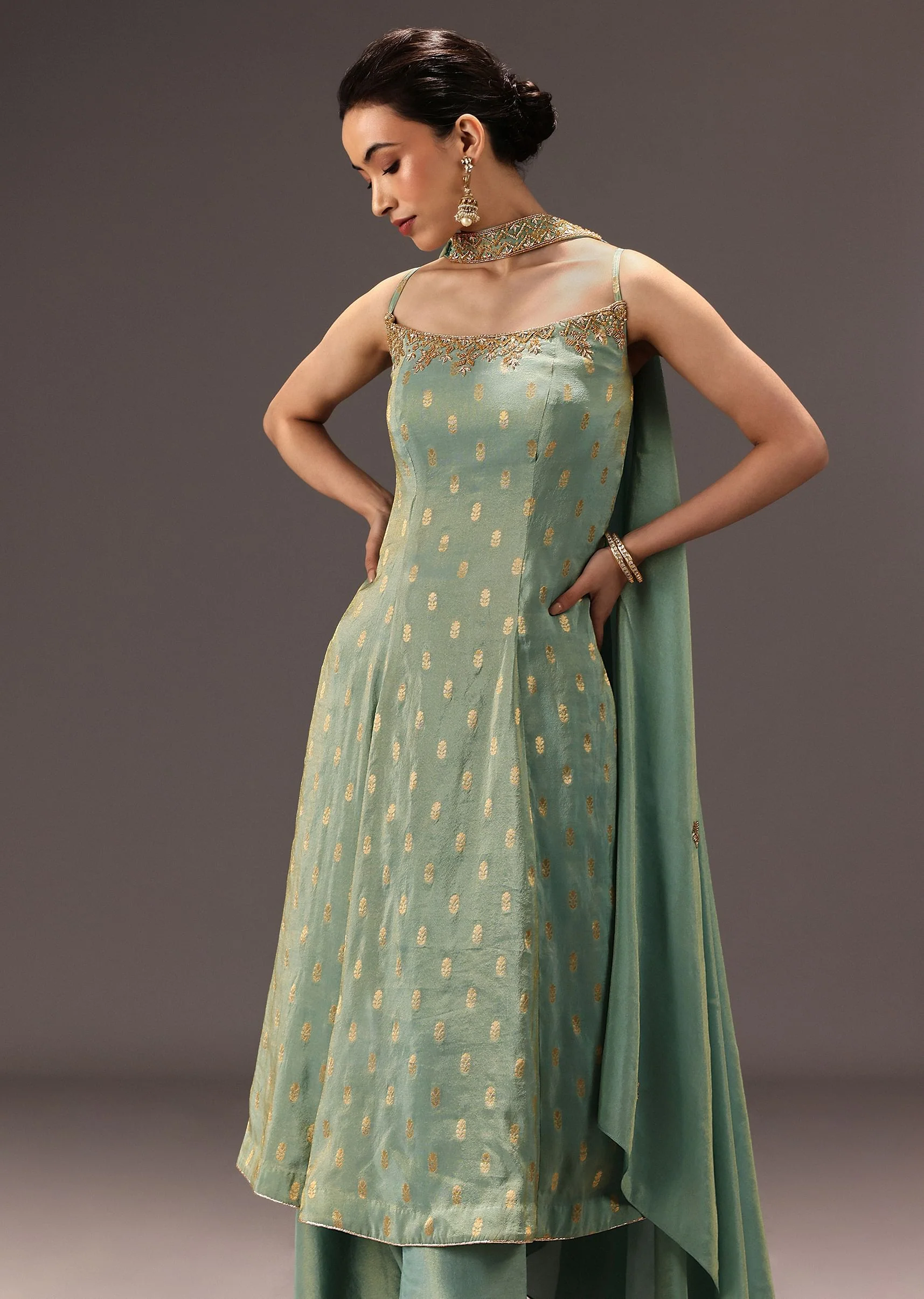 Mint Green Tissue Hand Embroidered Kurta Set - Image 4
