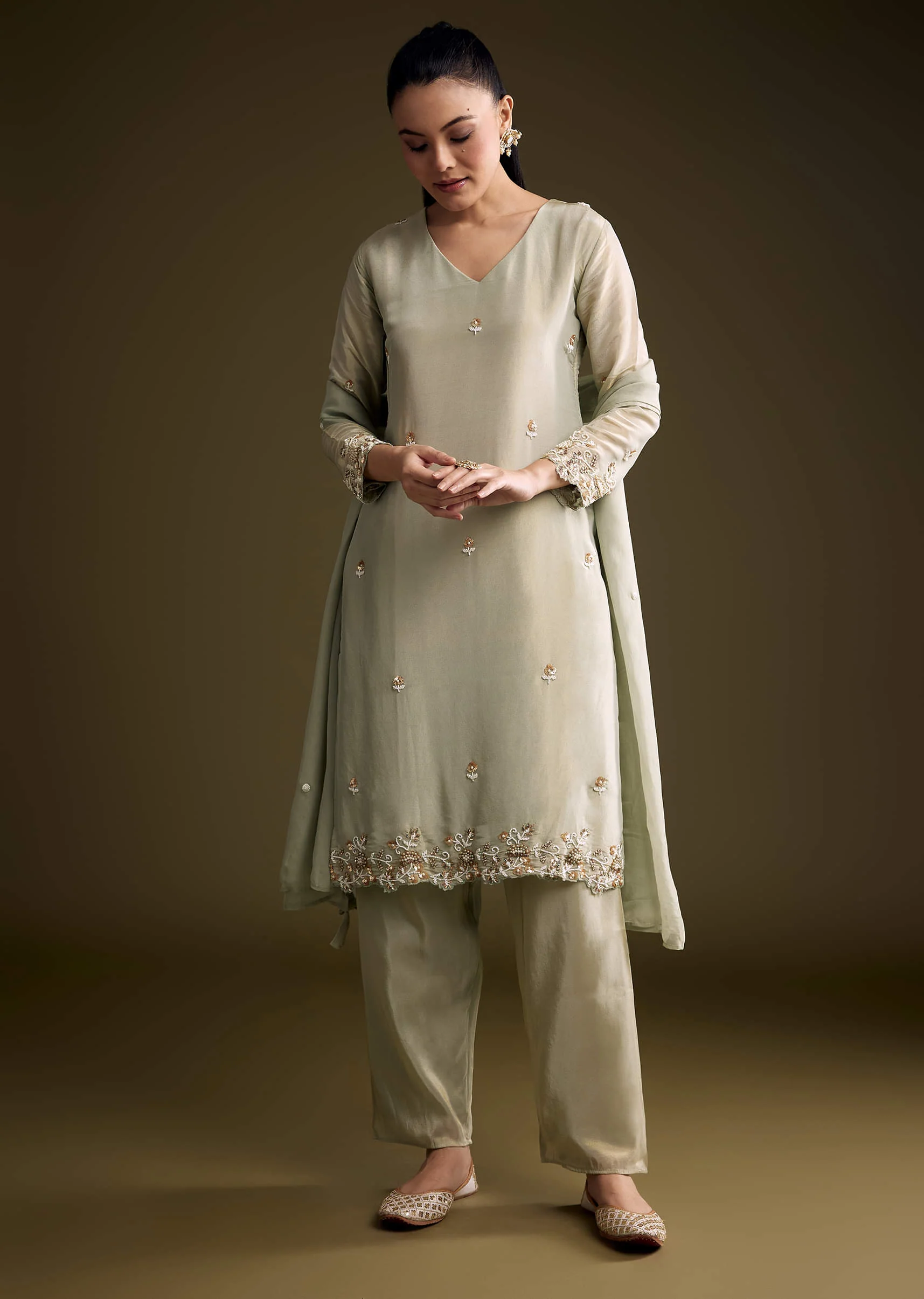 Mint Green Tissue Kurta Set With Sequins And Moti Work - Image 3