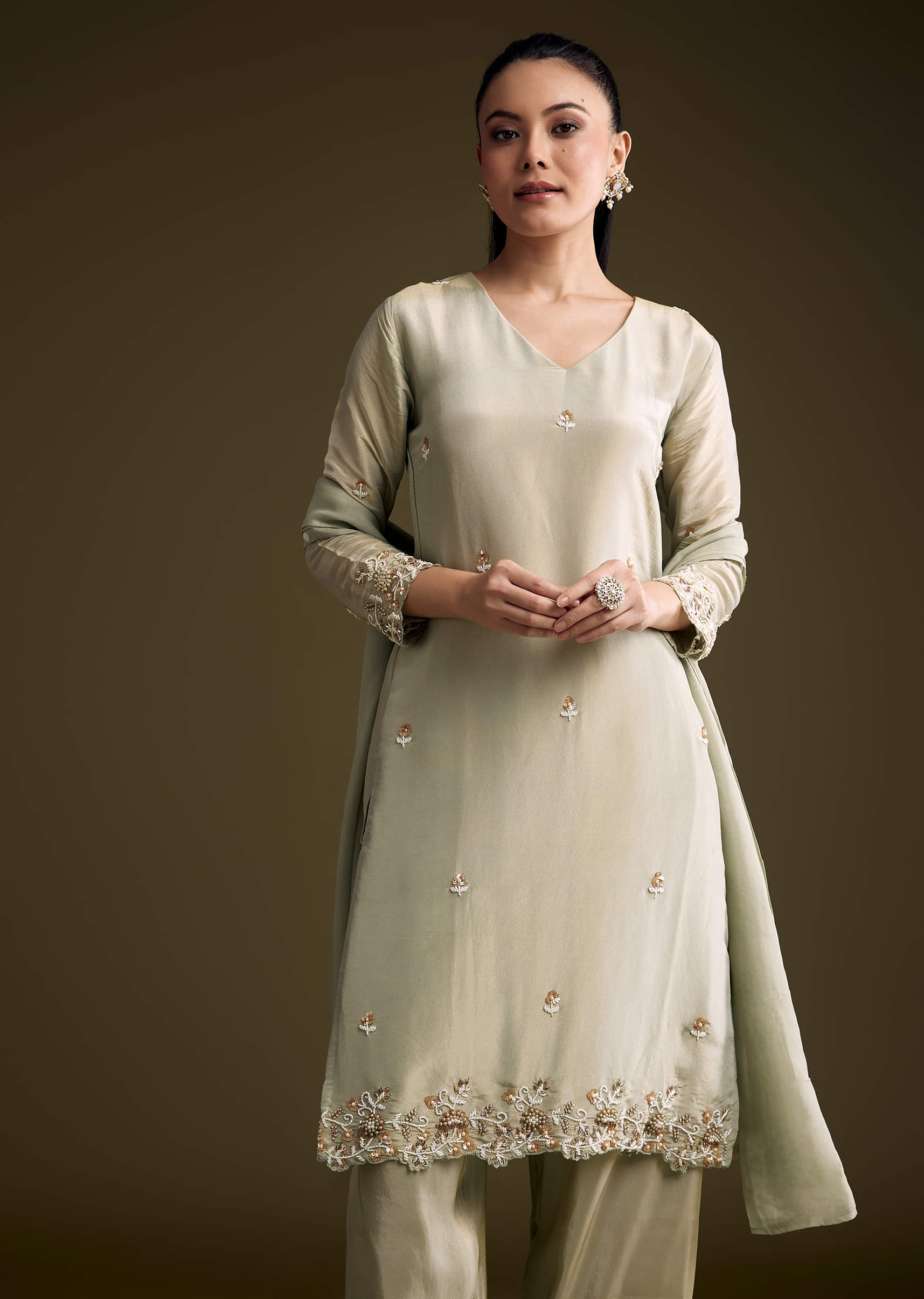 Mint Green Tissue Kurta Set With Sequins And Moti Work - Image 4