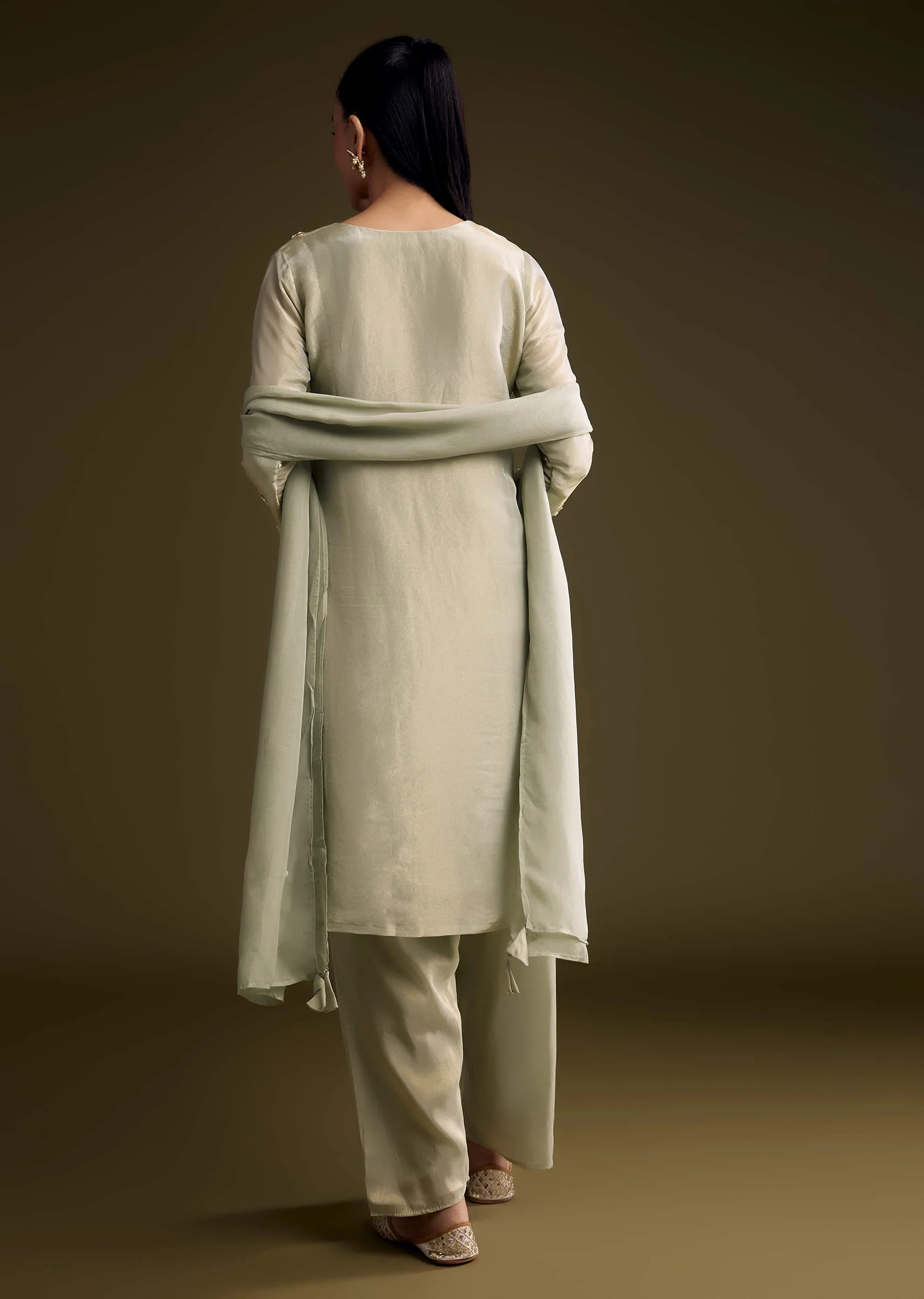 Mint Green Tissue Kurta Set With Sequins And Moti Work - Image 5