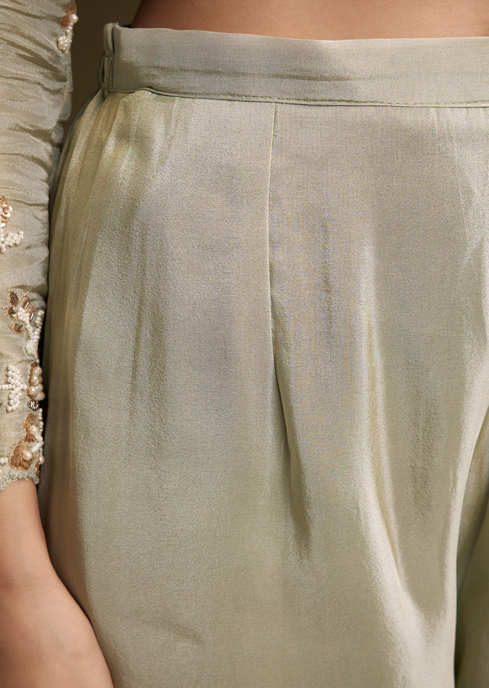Mint Green Tissue Kurta Set With Sequins And Moti Work - Image 6