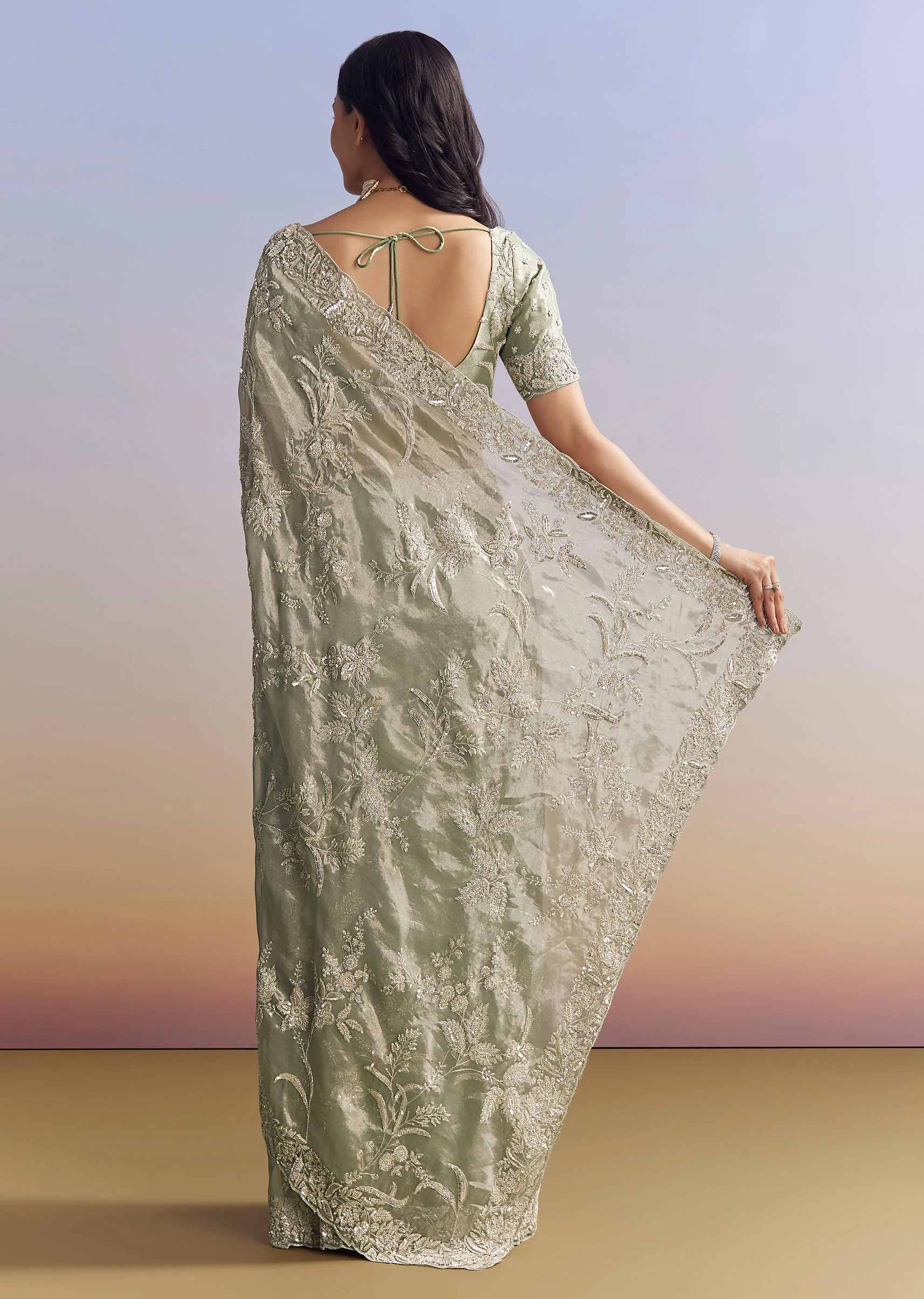 Mint Green Tissue Saree With Heavily Embroidered Finish - Image 11