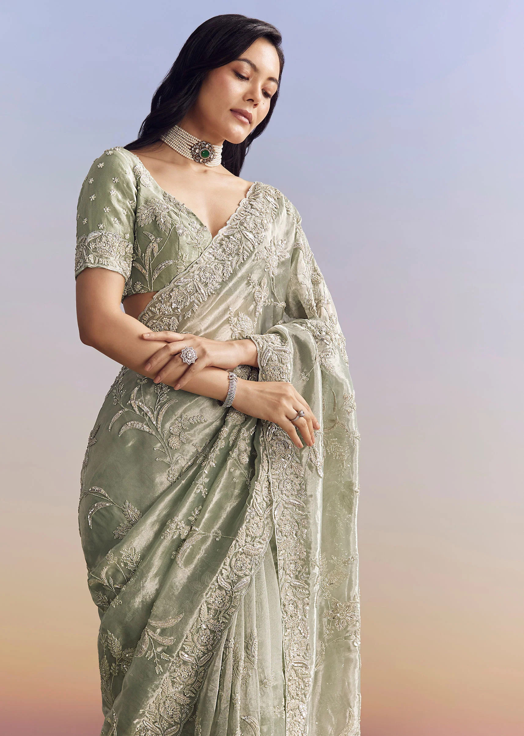Mint Green Tissue Saree With Heavily Embroidered Finish - Image 12