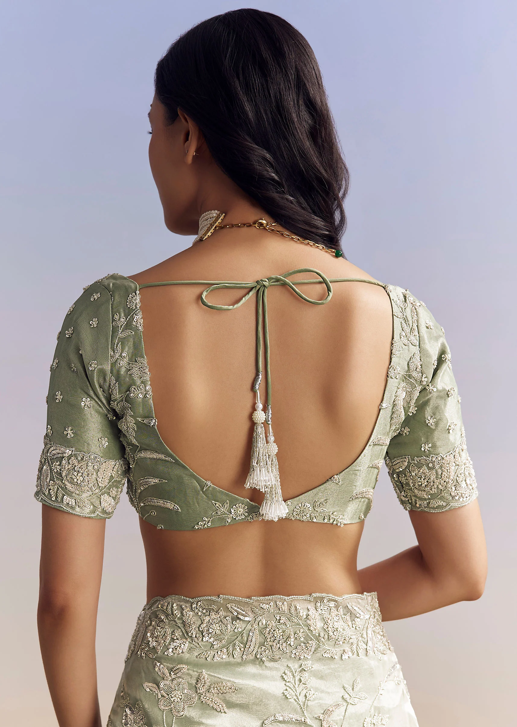 Mint Green Tissue Saree With Heavily Embroidered Finish - Image 15