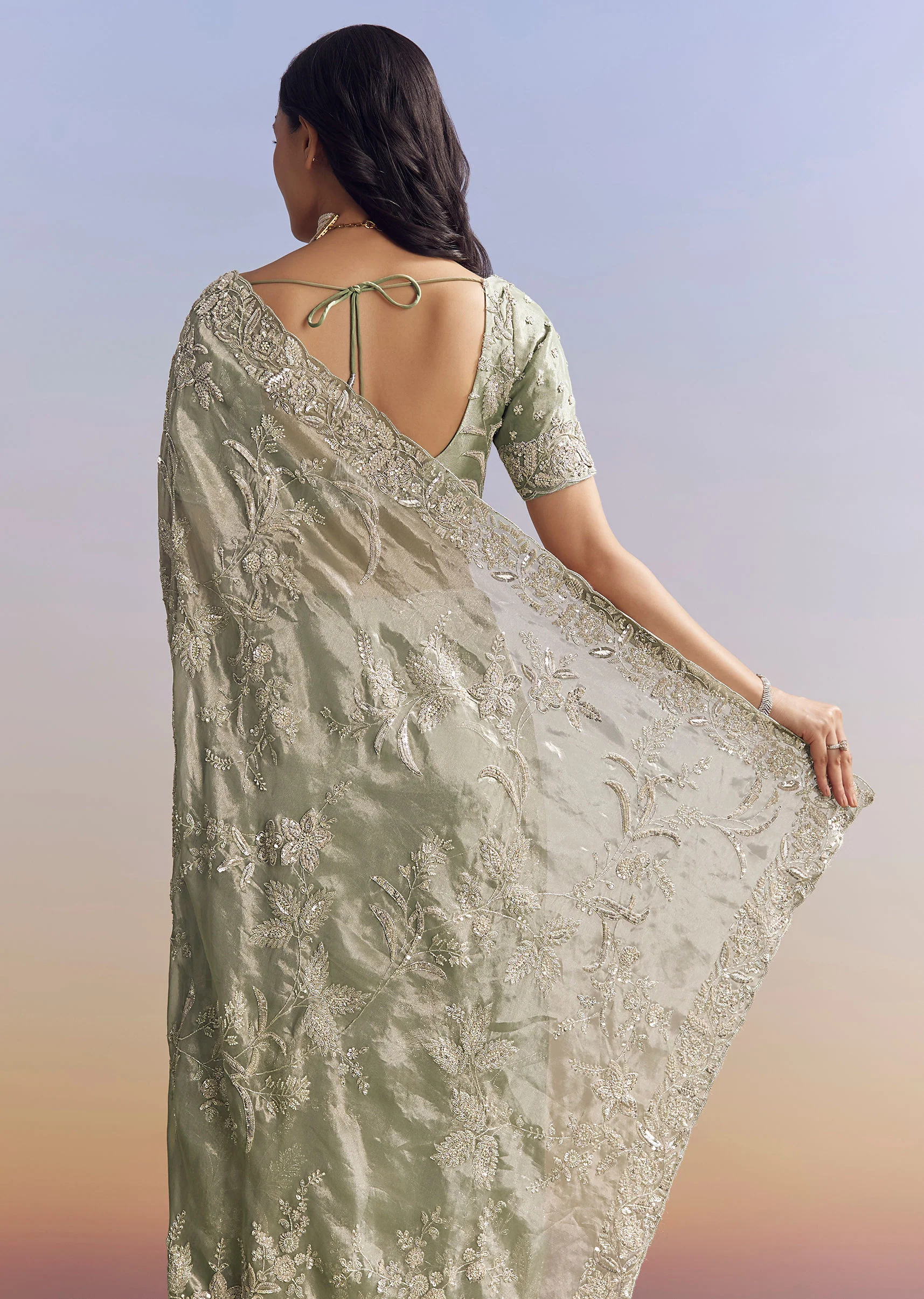 Mint Green Tissue Saree With Heavily Embroidered Finish - Image 6