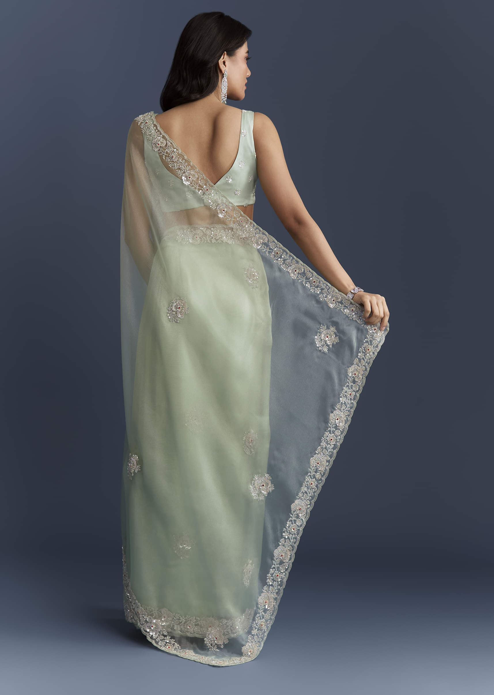 Mint Green Tissue Saree With Heavy Hand Embroidery - Image 4