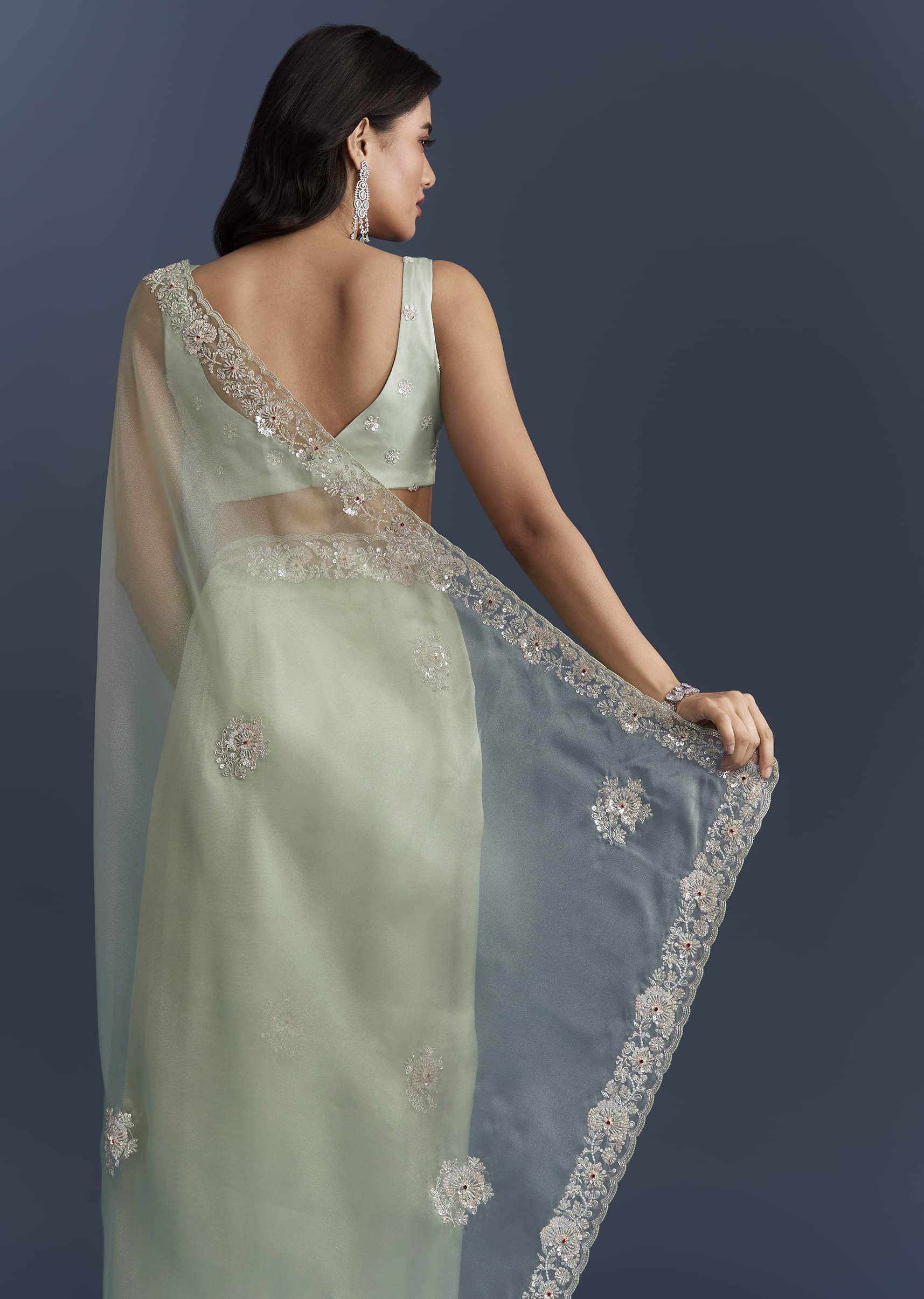 Mint Green Tissue Saree With Heavy Hand Embroidery - Image 6