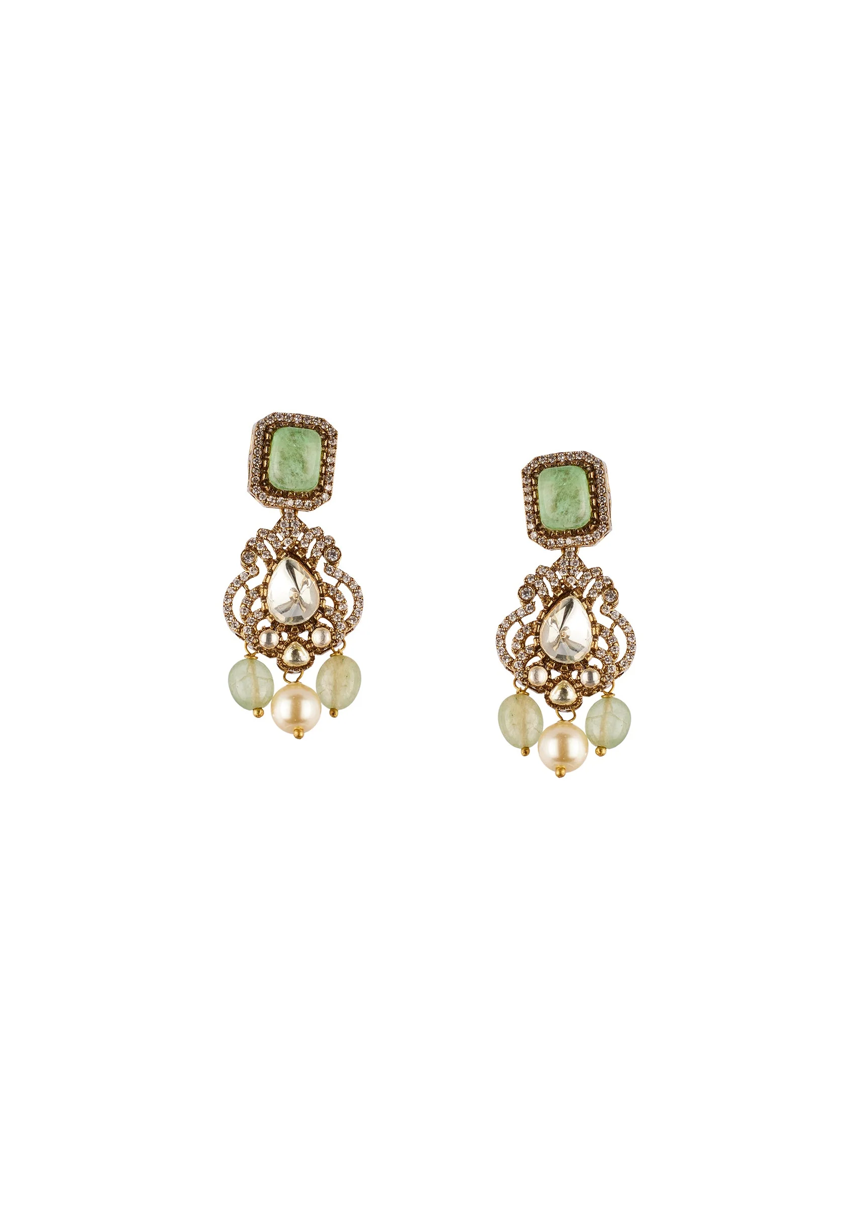 Mint Green Traditional Gold Kundan Polki Necklace Set with Faux Pearl - Image 3