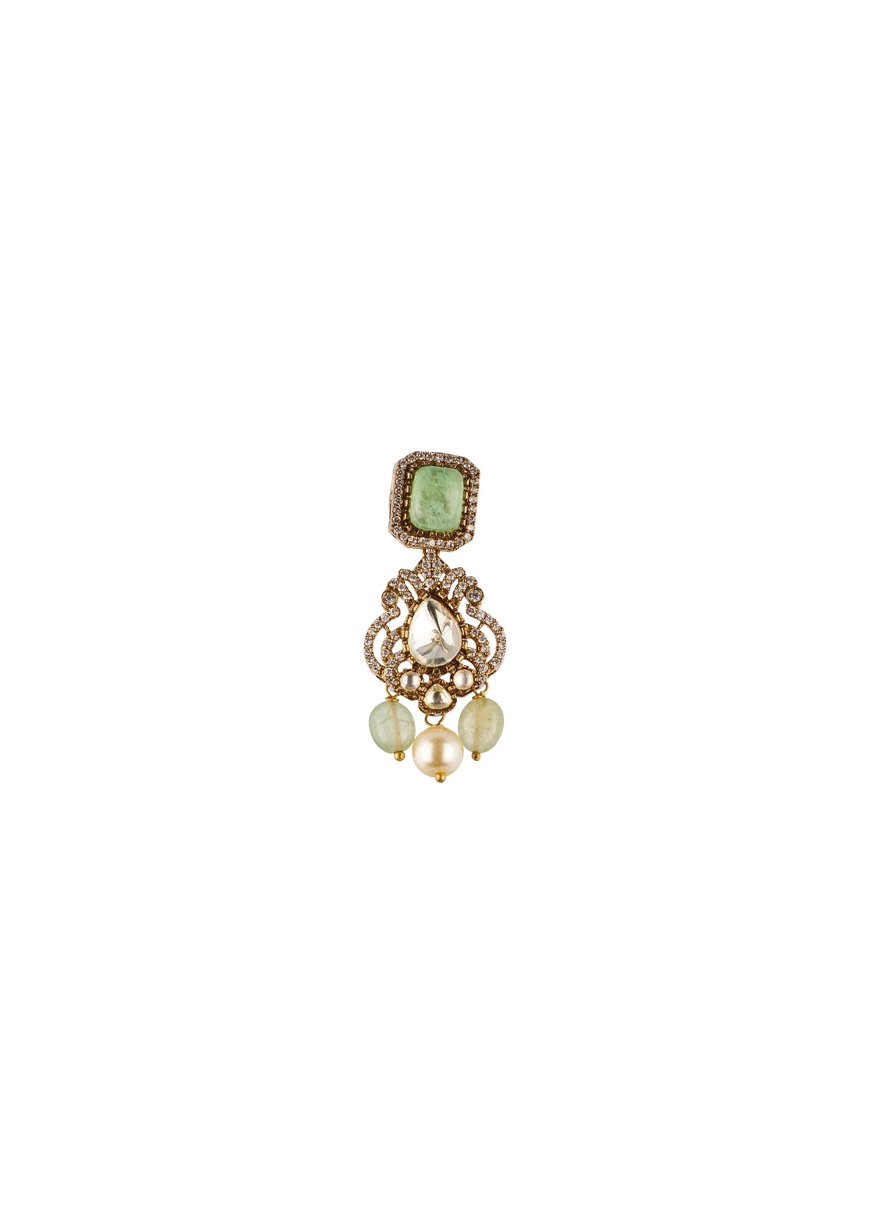 Mint Green Traditional Gold Kundan Polki Necklace Set with Faux Pearl - Image 4