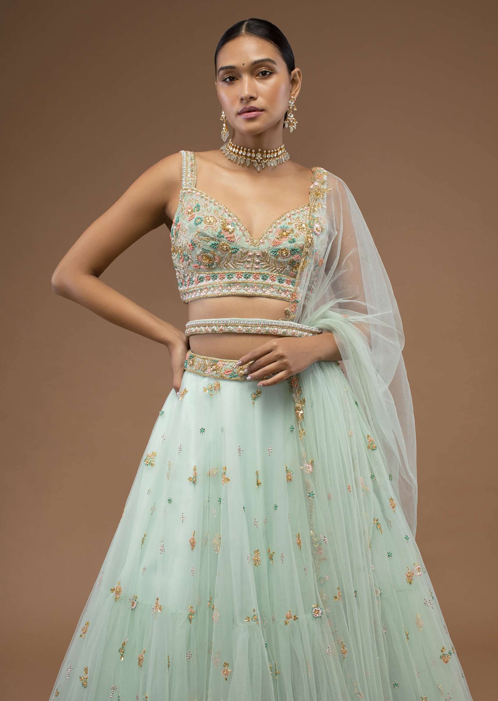 Mint Lehenga And A Crop Top Set Crafted In Net With Sequins And Resham Work - Image 2