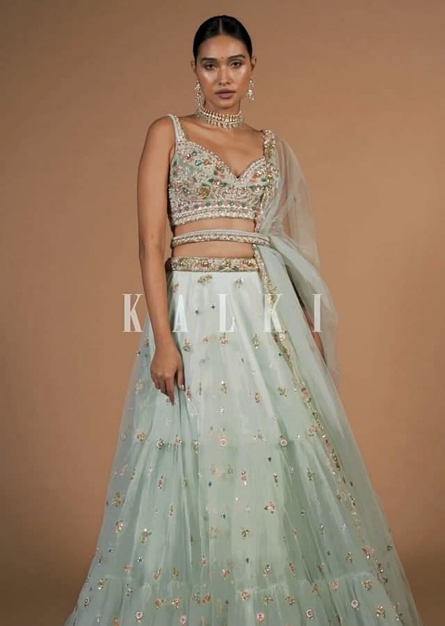 Mint Lehenga And A Crop Top Set Crafted In Net With Sequins And Resham Work - Image 6
