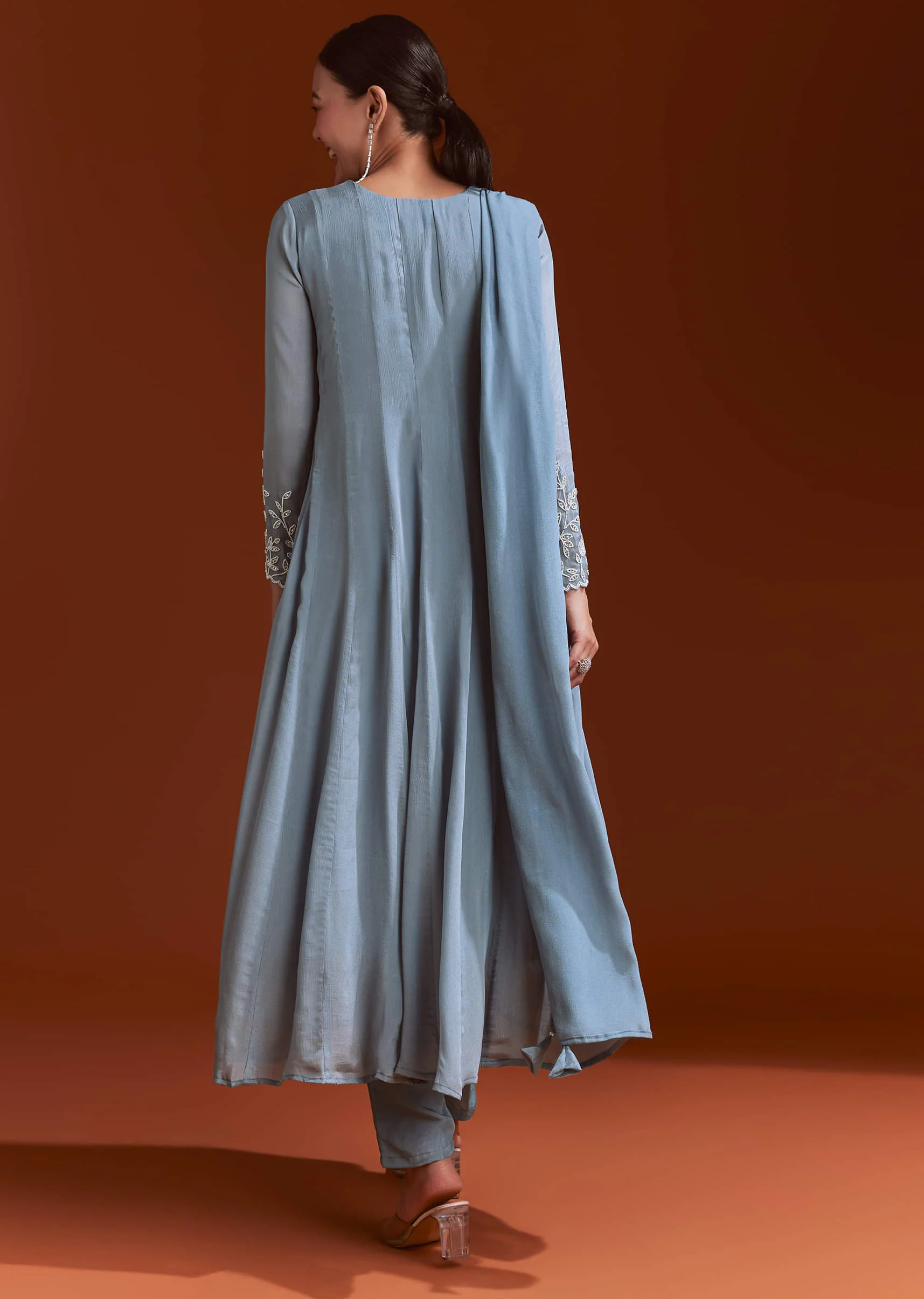 Misty Blue Chinon Anarkali Suit With Moti And Stone Work - Image 5