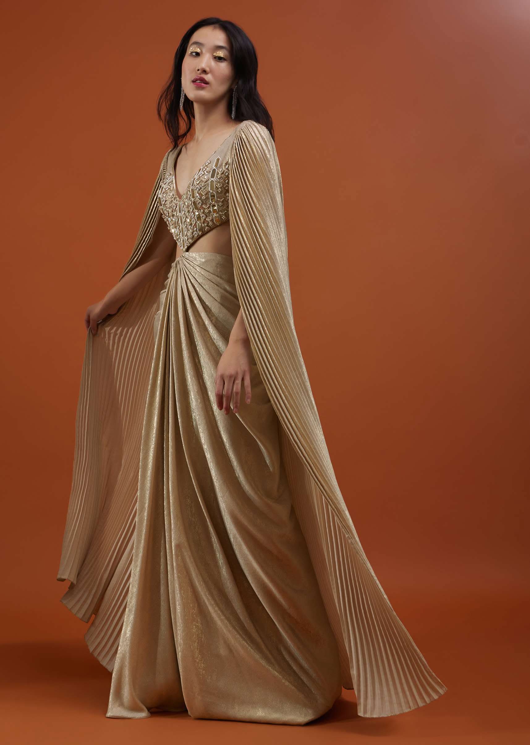 Mocha Brown Gown With A Pre-Pleated Dhoti Skirt And Royal Cape Sleeves - NOOR 2022 - Image 5