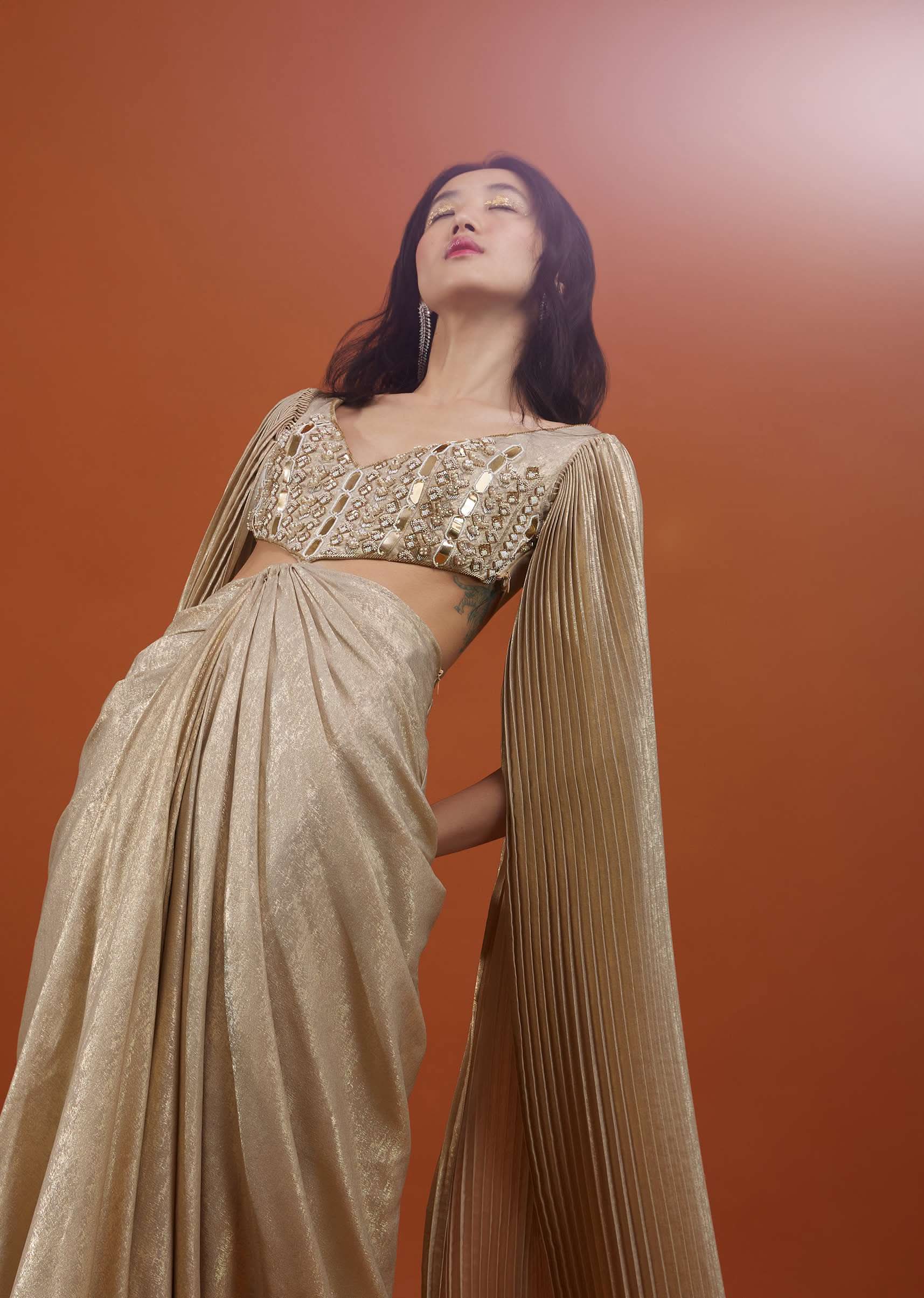 Mocha Brown Gown With A Pre-Pleated Dhoti Skirt And Royal Cape Sleeves - NOOR 2022 - Image 7