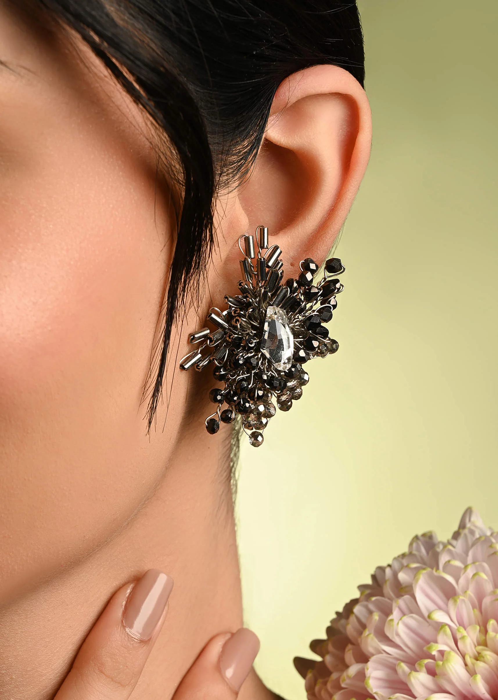 Modern Black And Silver Plated Stone Stud Earrings