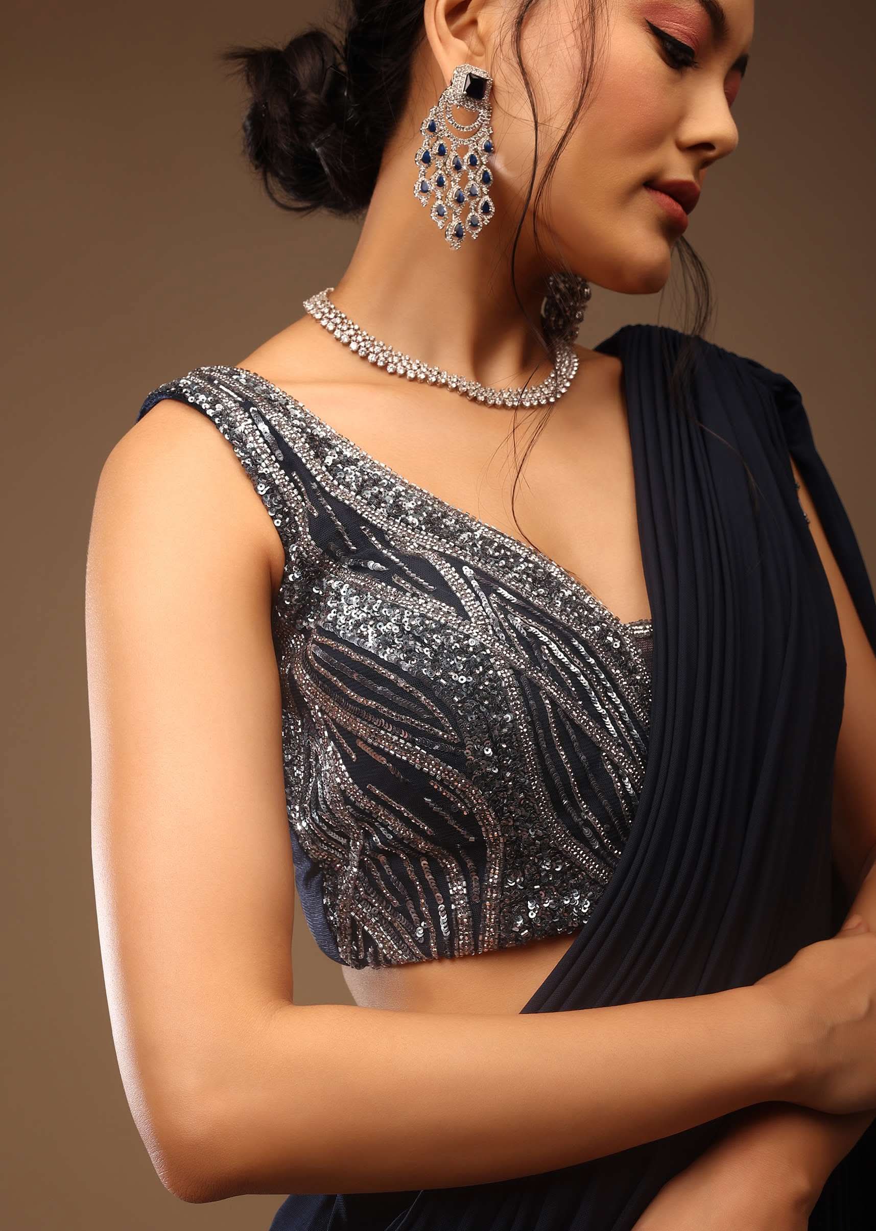 Mood Indigo Pre Drape Saree With A Crop Top In Sequins Embroidery Corset Neckline With A Tie-Up Tassel Dori At The Back - Image 5