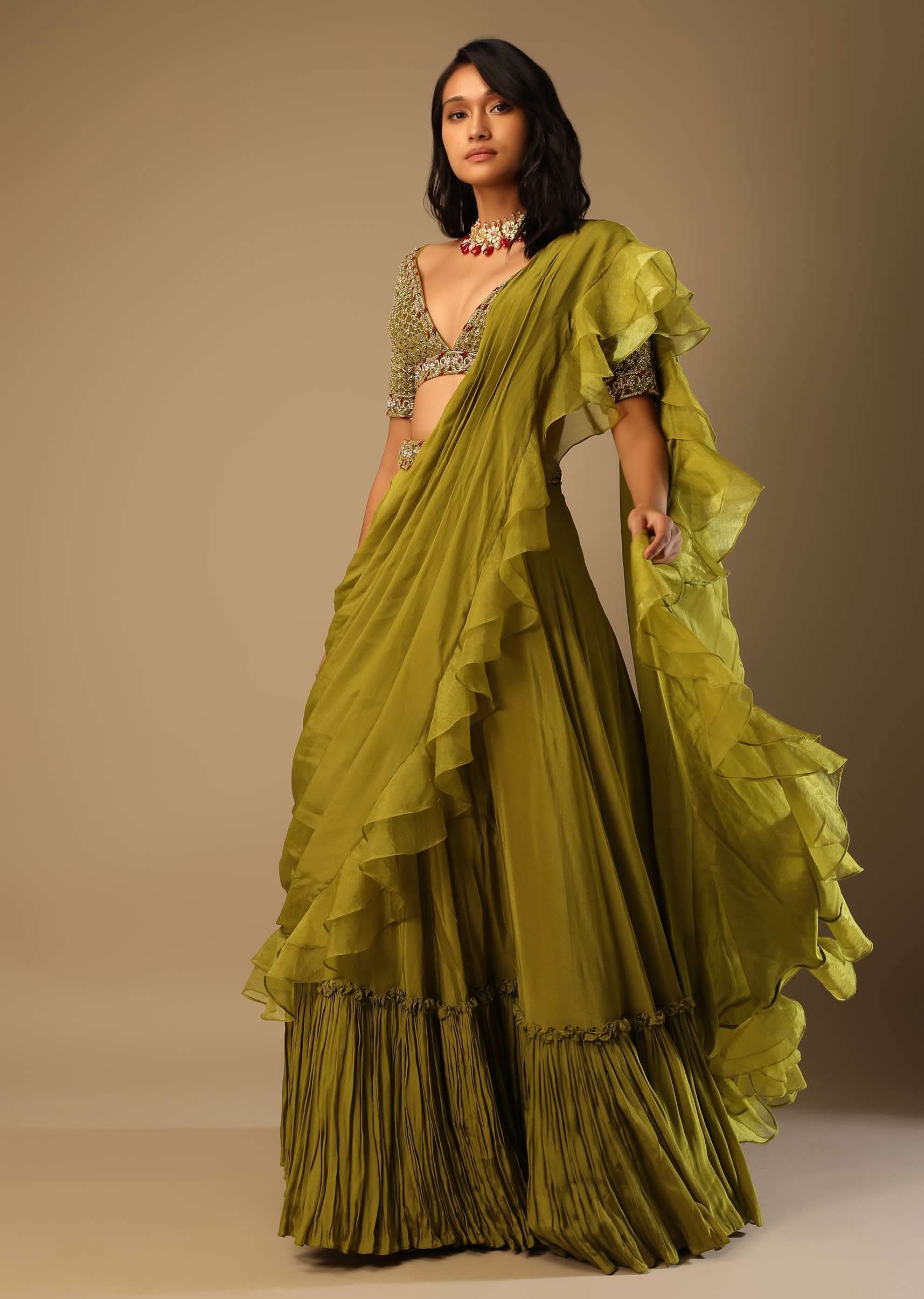 Moss Green Lehenga Saree In Crepe With Frill Drape And Hand Embroidered Choli Using Cut Dana Jaal - Image 5