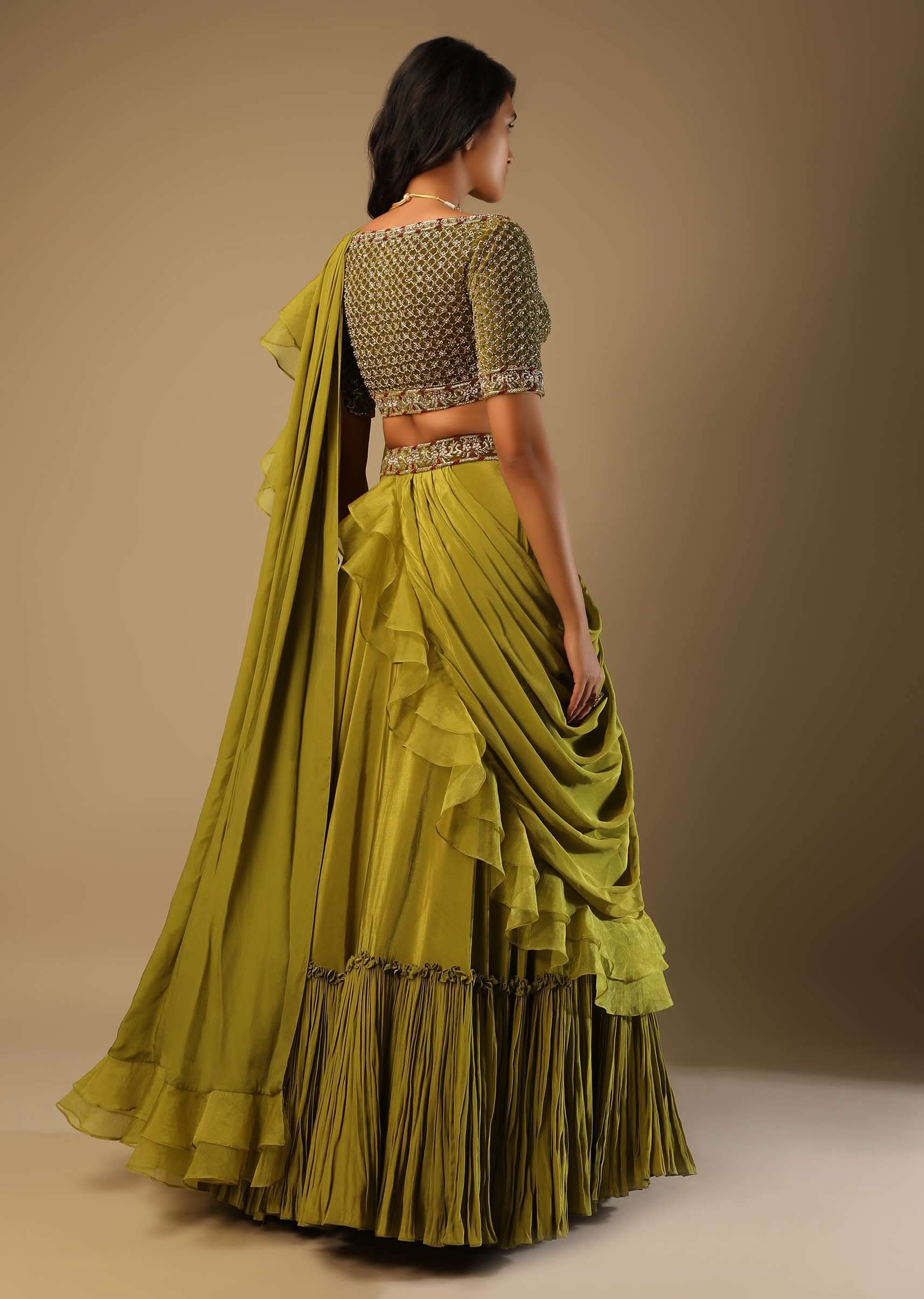 Moss Green Lehenga Saree In Crepe With Frill Drape And Hand Embroidered Choli Using Cut Dana Jaal - Image 6