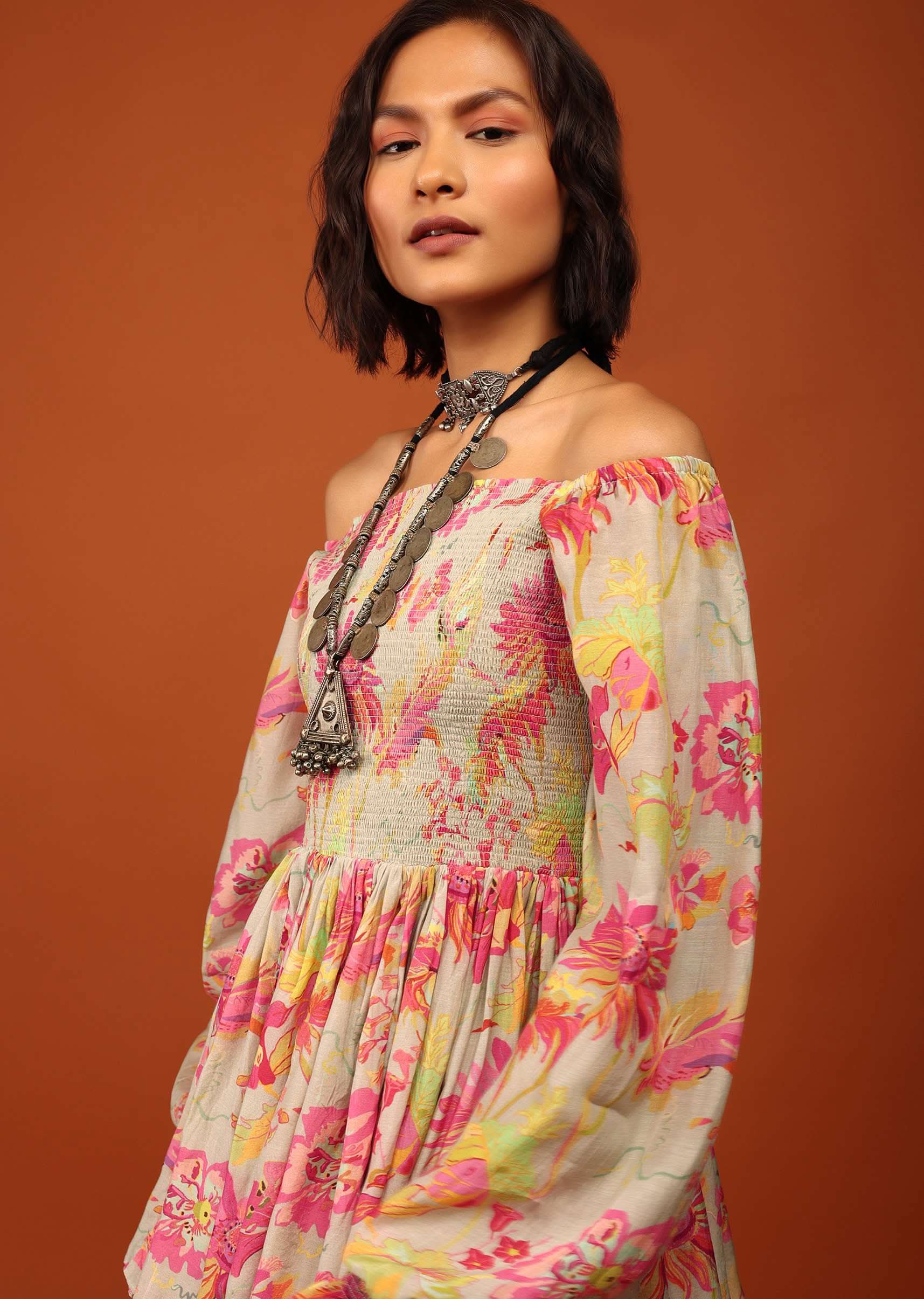 Moss Green Print Top And Palazzo In Crepe With Off-shoulder Neckline & Smocking Bodice - Image 2