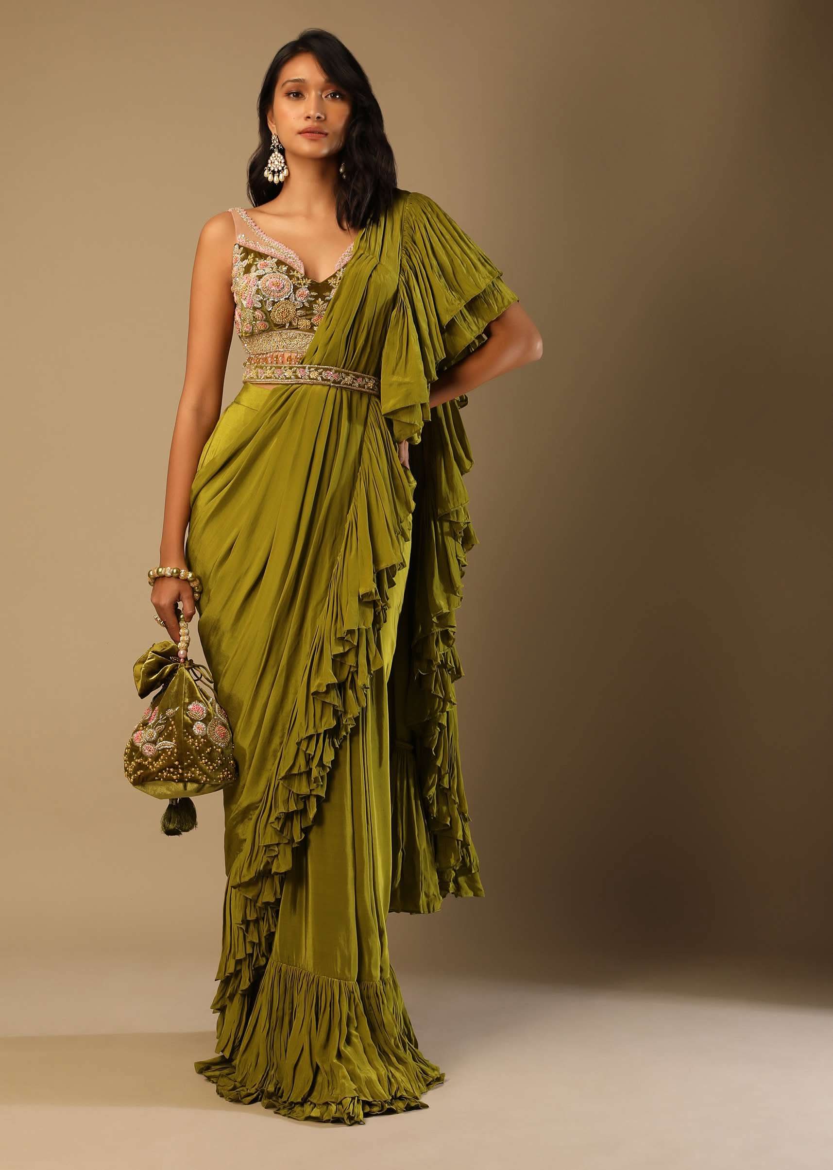 Moss Green Readymade Ruffle Saree In Crepe With Multi Colored Hand Embroidered Floral Blouse - Image 6