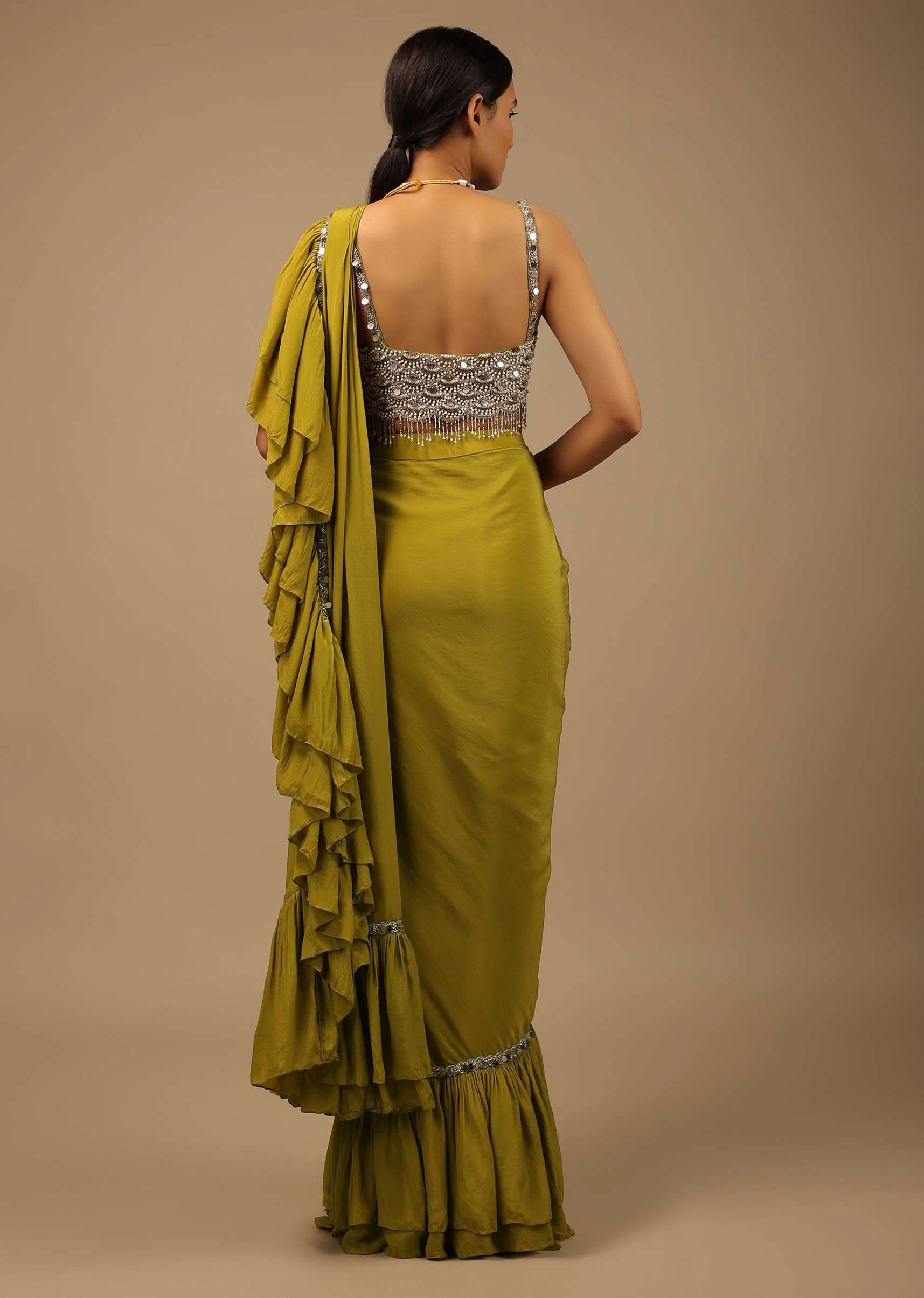 Moss Green Ready To Wear Ruffle Saree With A Heavy Sequins And Cut Dana Embroidered Crop Top - Image 5