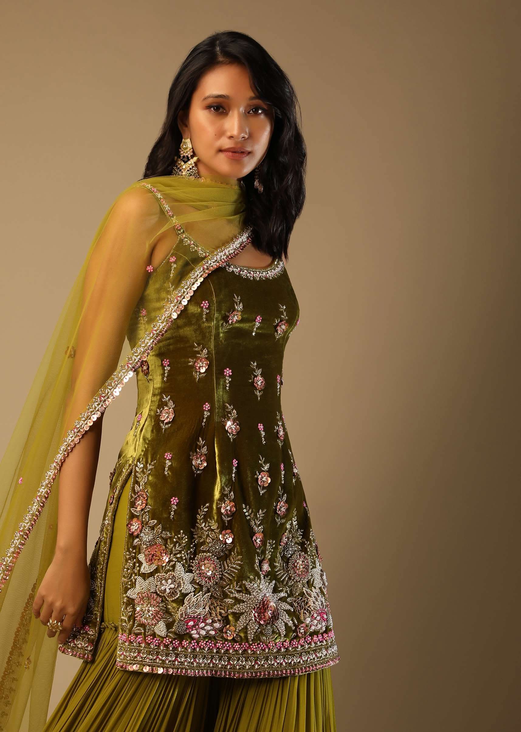 Moss Green Sharara Suit In Velvet With Multi Colored Hand Embroidery In Floral Motifs - Image 2