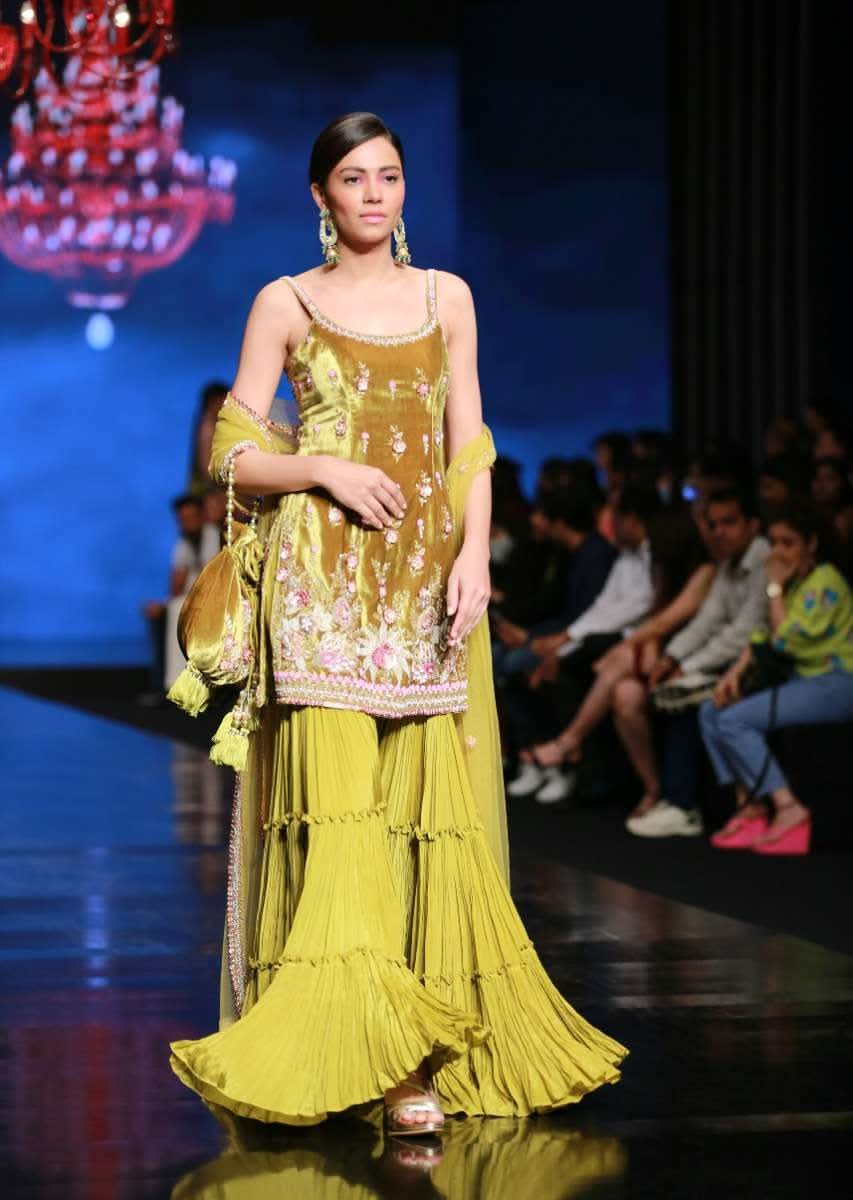 Moss Green Sharara Suit In Velvet With Multi Colored Hand Embroidery In Floral Motifs - Image 5