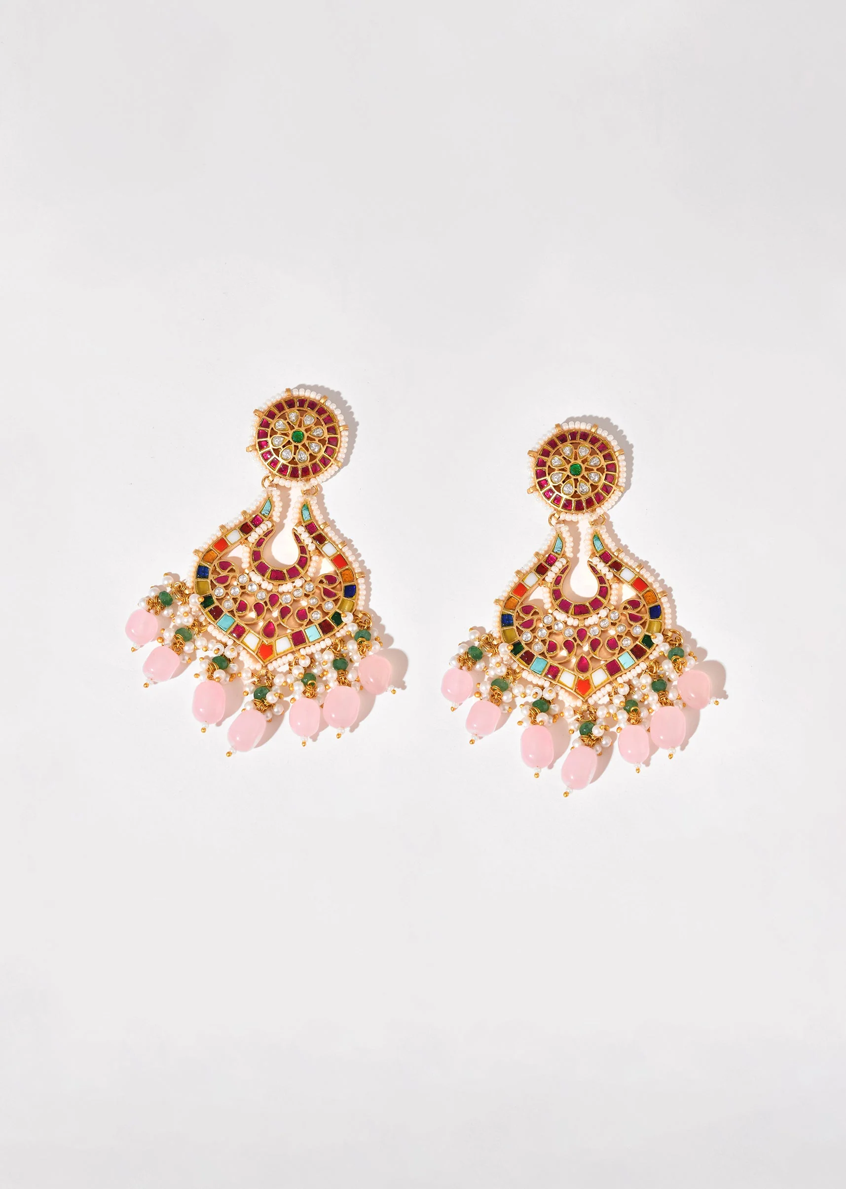 Multi Baby Pink Earrings With Pachi Kundan - Image 2