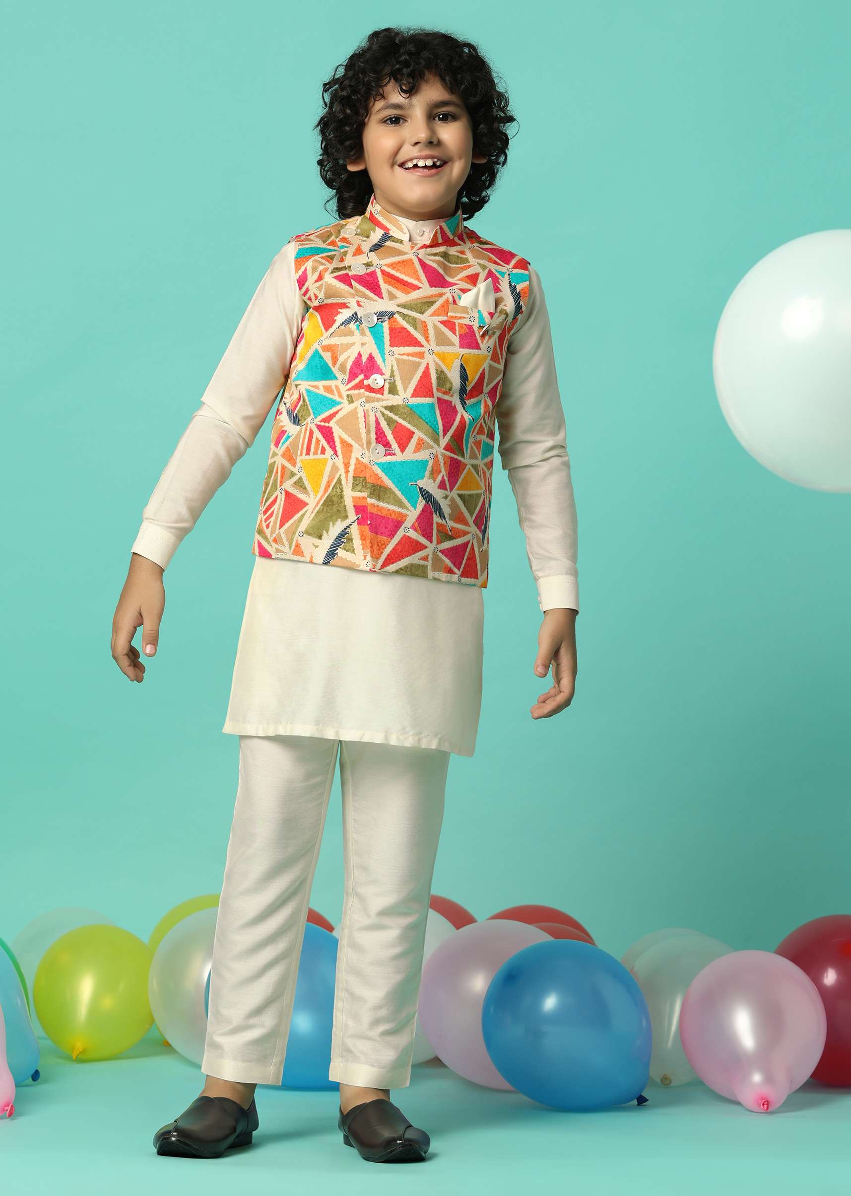 Multi-Colored Festive Jacket Kurta Set For Boys