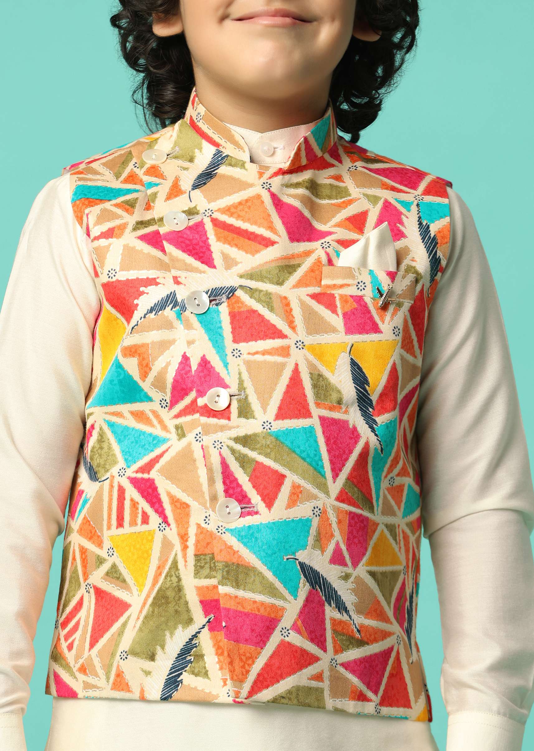 Multi-Colored Festive Jacket Kurta Set For Boys - Image 2