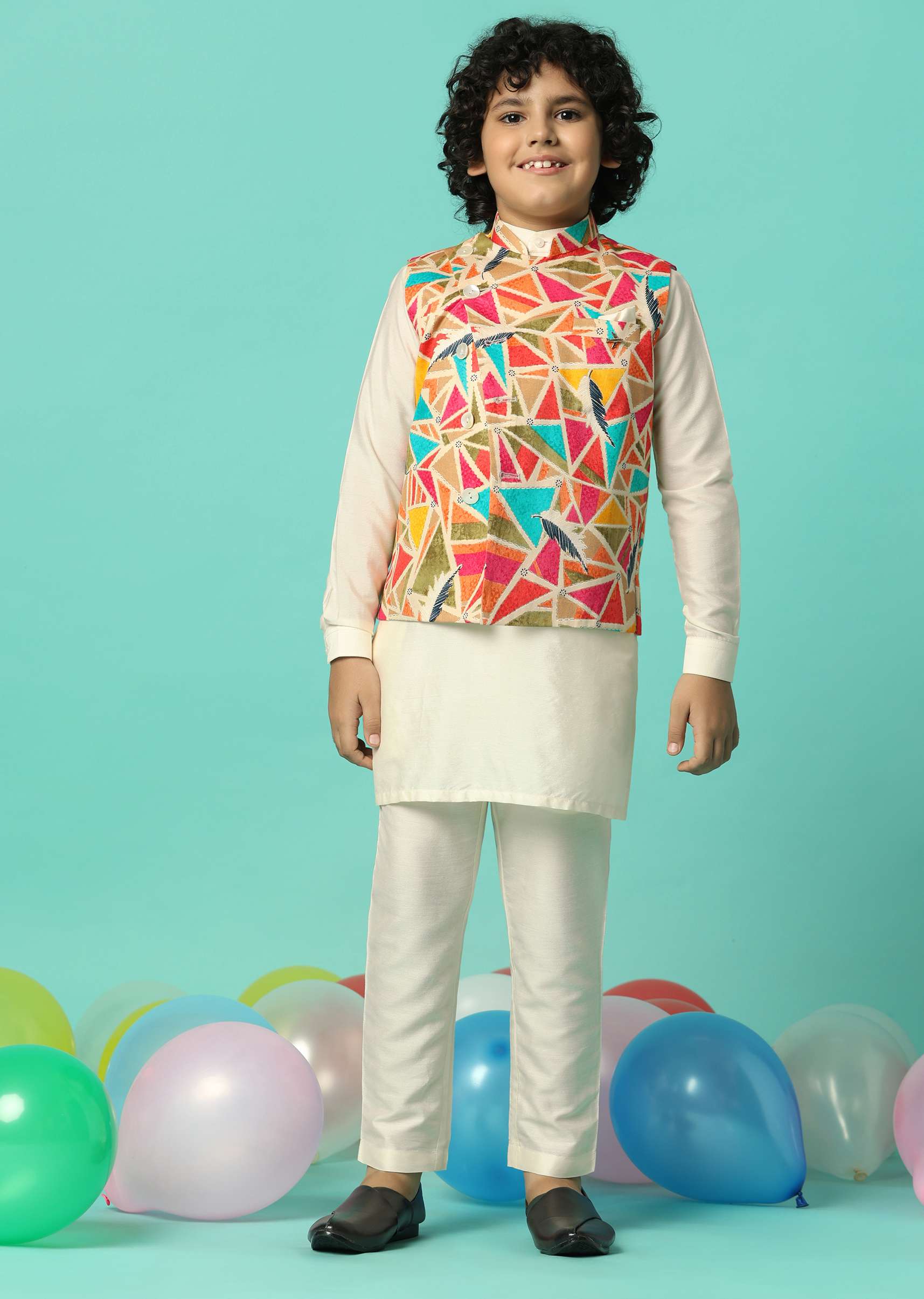 Multi-Colored Festive Jacket Kurta Set For Boys - Image 3