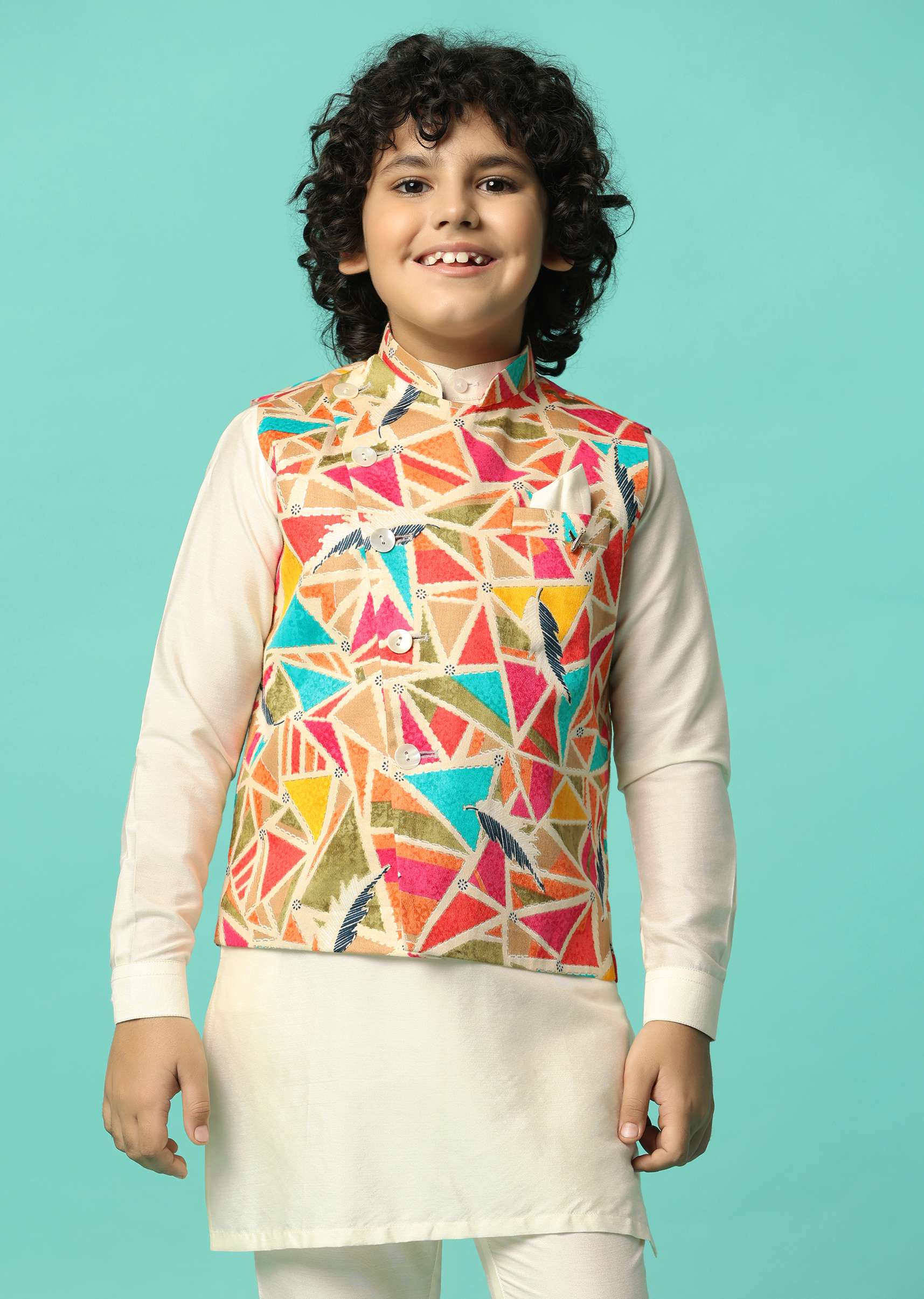 Multi-Colored Festive Jacket Kurta Set For Boys - Image 4