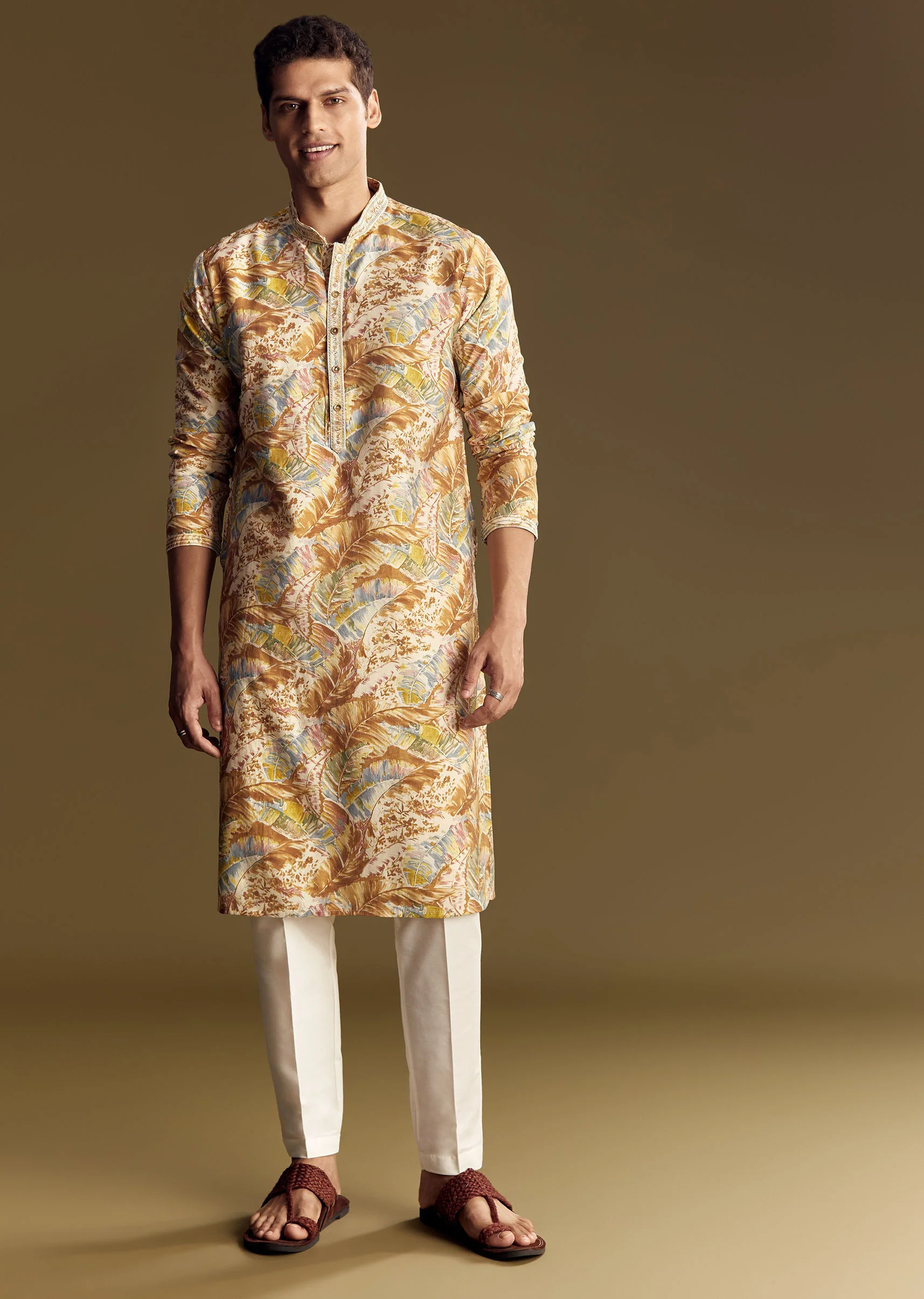 Multi Colored Linen Kurta Set With Floral And Foil Highlights - Image 4