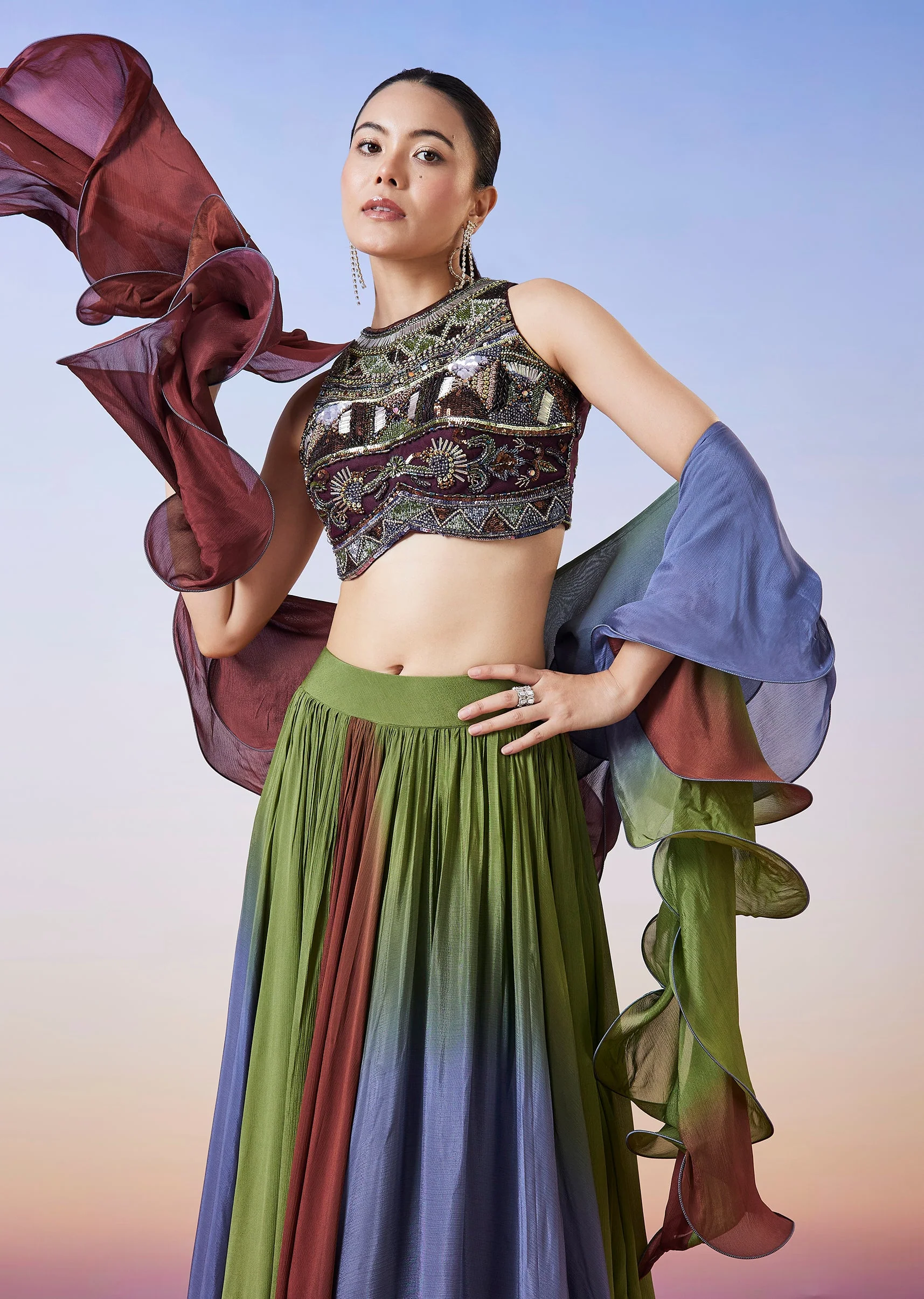 Multi Colour Fusion Lehenga With Dupatta - Image 5
