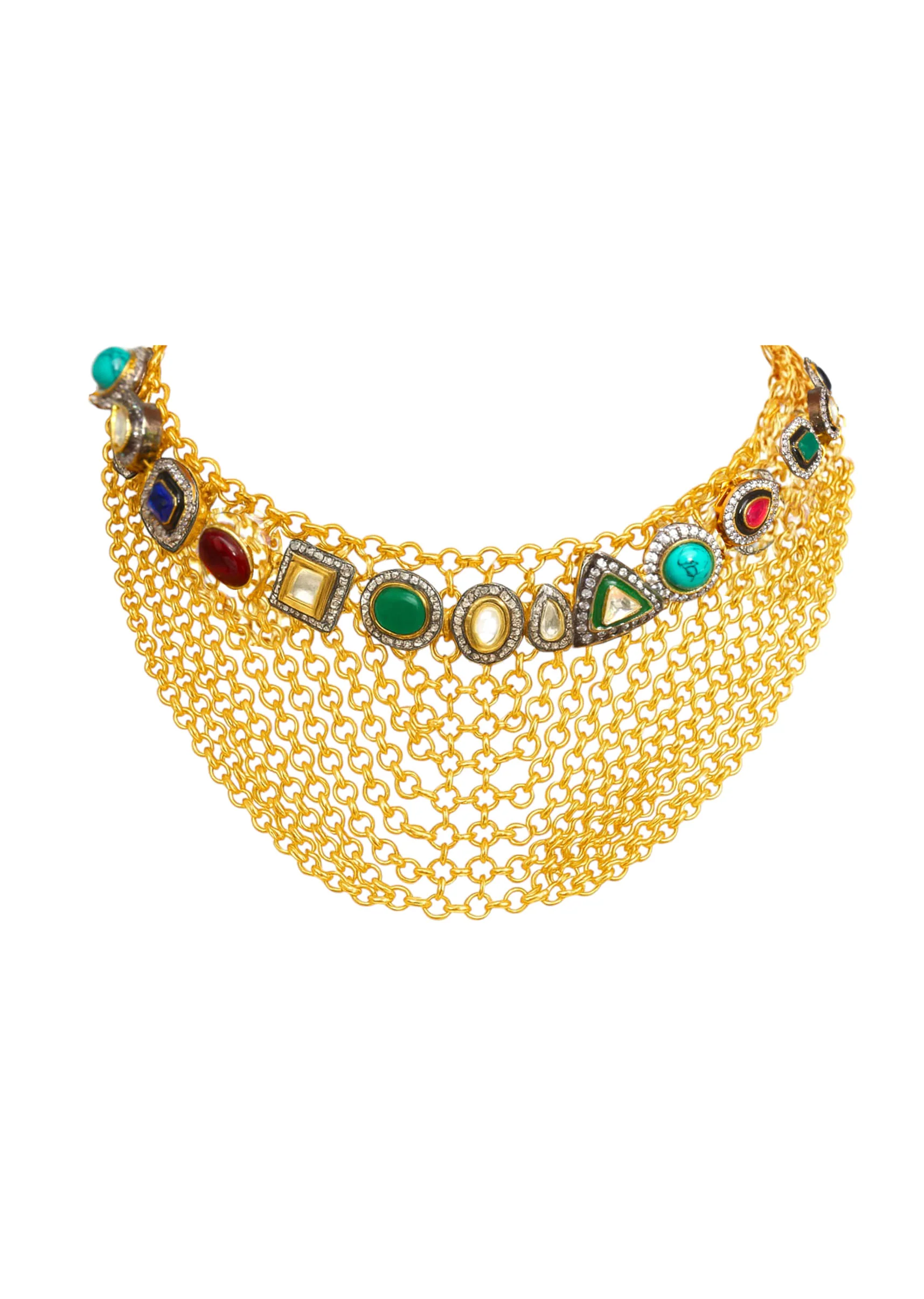 Multi Fusion Chain Tassel Stone Encrusted Necklace - Image 2