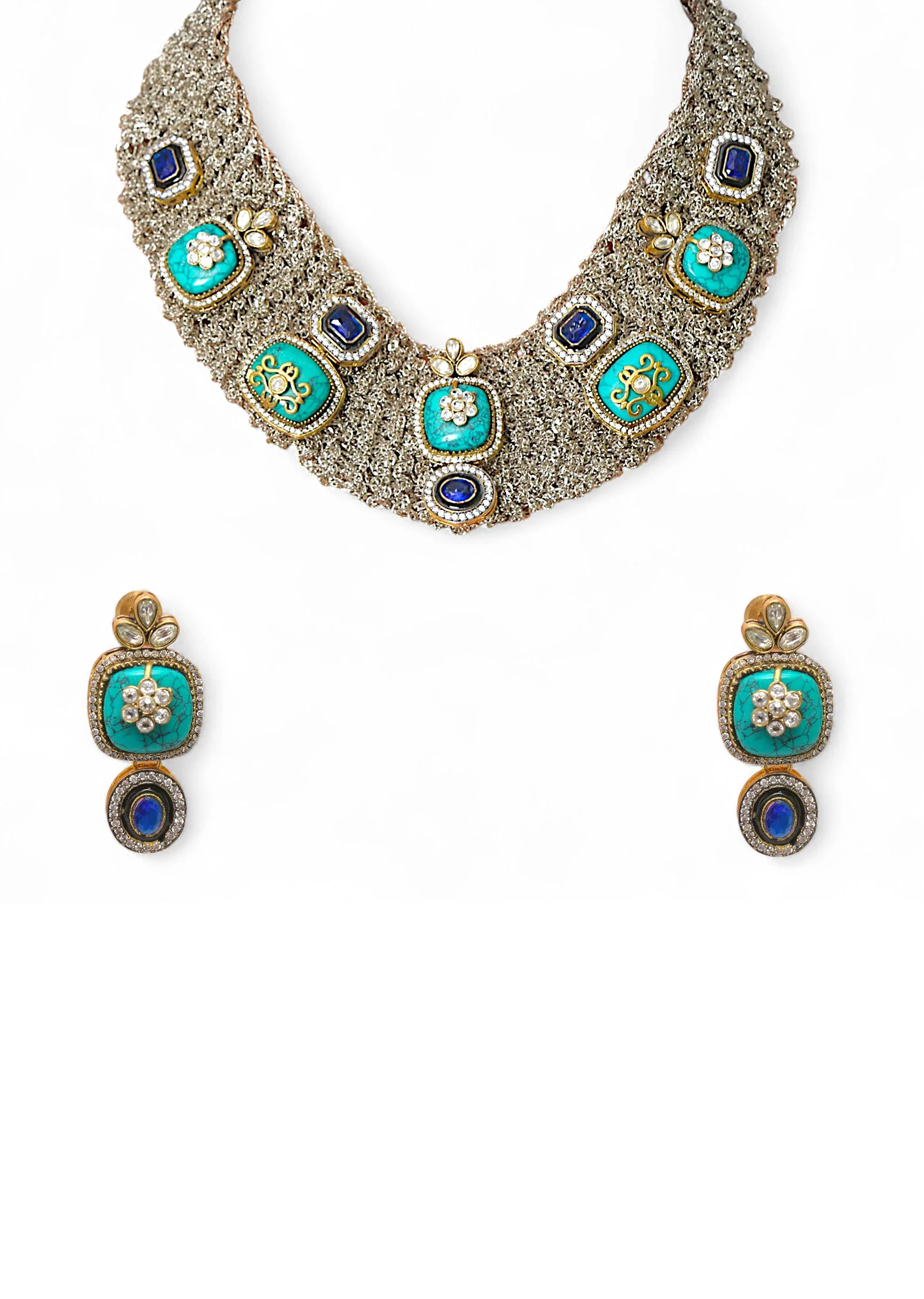 Multi Fusion Encursted Geometric Stone Necklace Set - Image 2