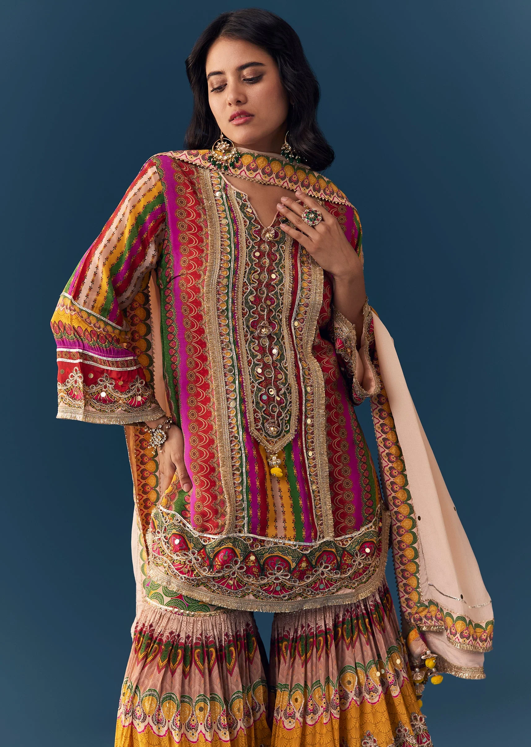 Multi Indie Print Sharara Set with Handbag - Image 4
