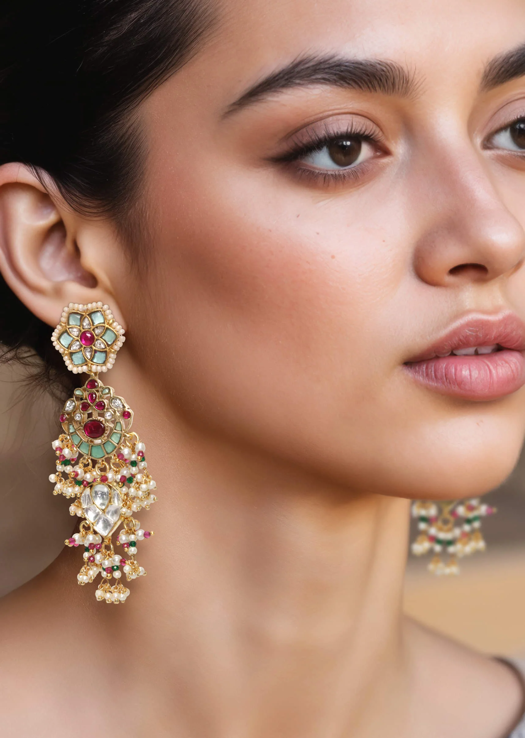 Multi Kundan Bead Drop Earrings