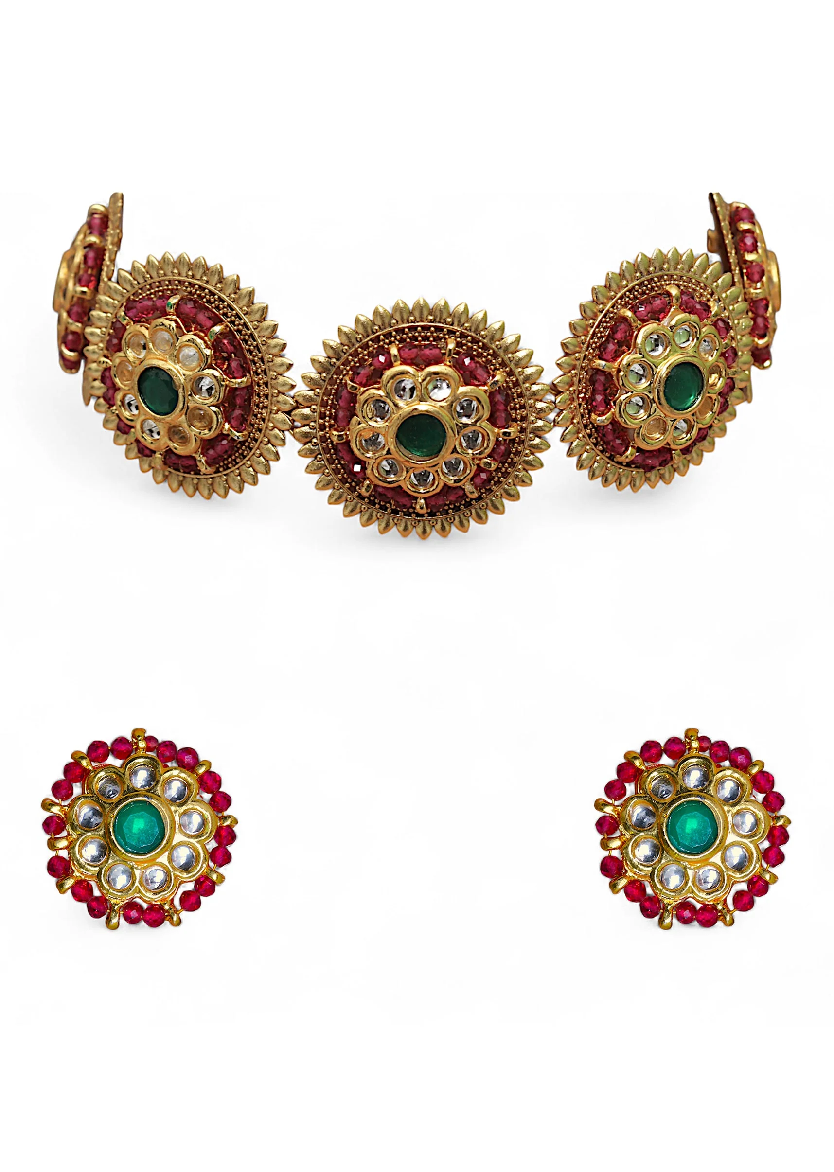 Multi Kundan Encrusted Floral Pendant Necklace Set - Image 2