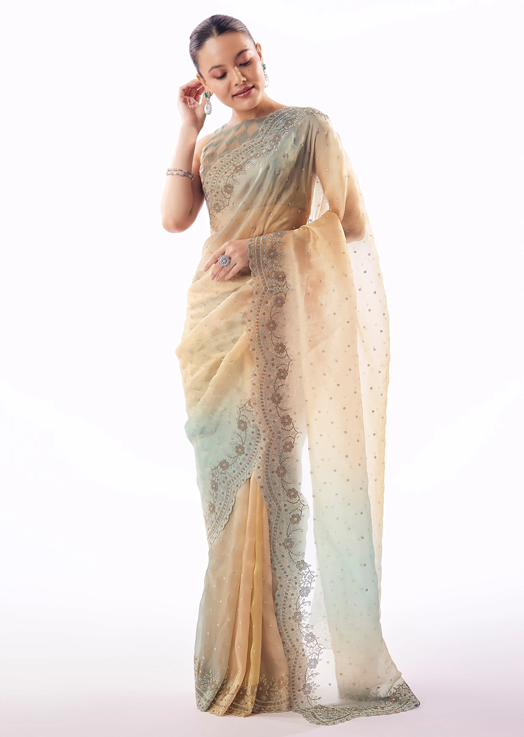 Multi Shade Tissue Saree With Scallop Border And Stone Embellished Floral Detailing