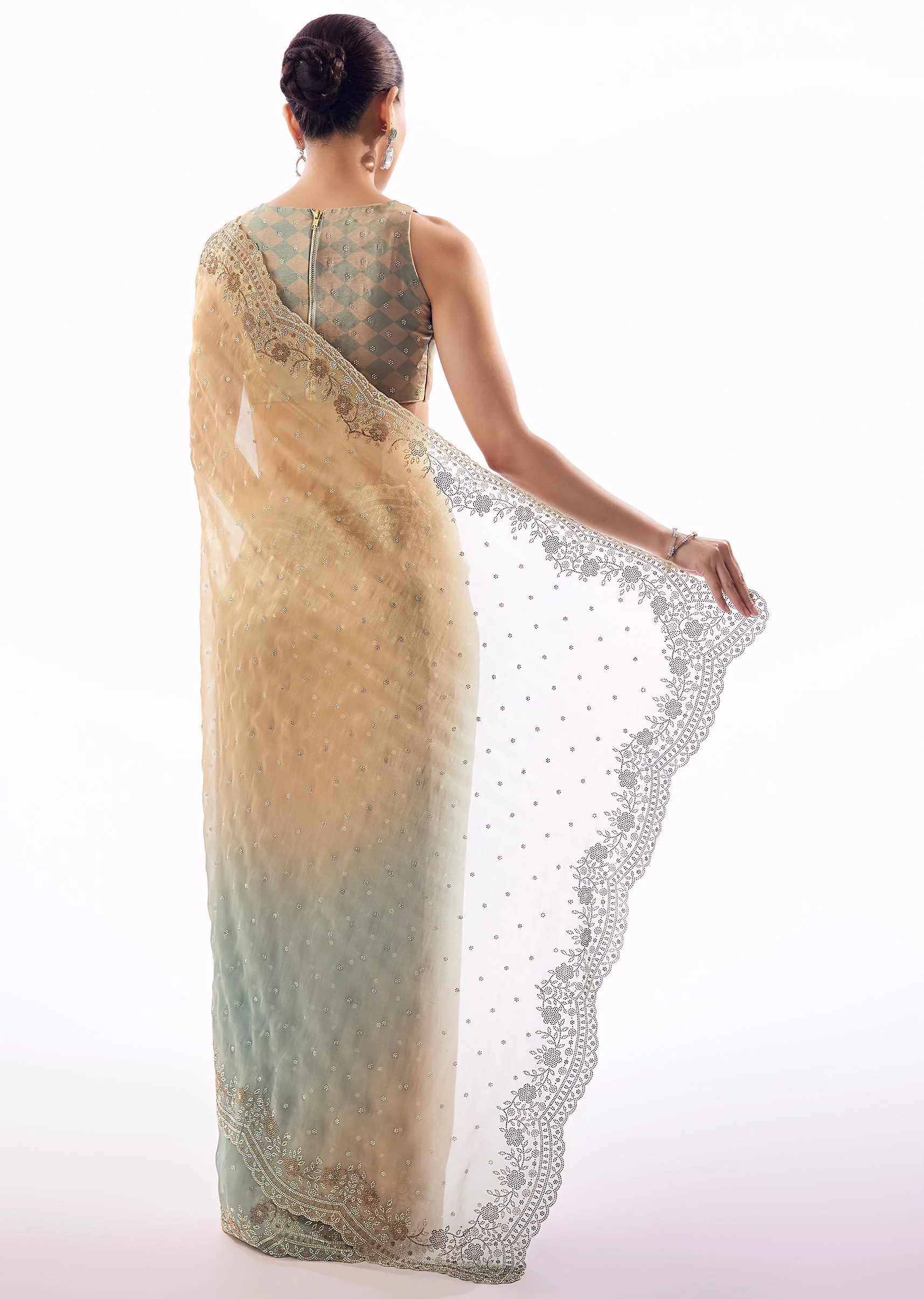 Multi Shade Tissue Saree With Scallop Border And Stone Embellished Floral Detailing - Image 4