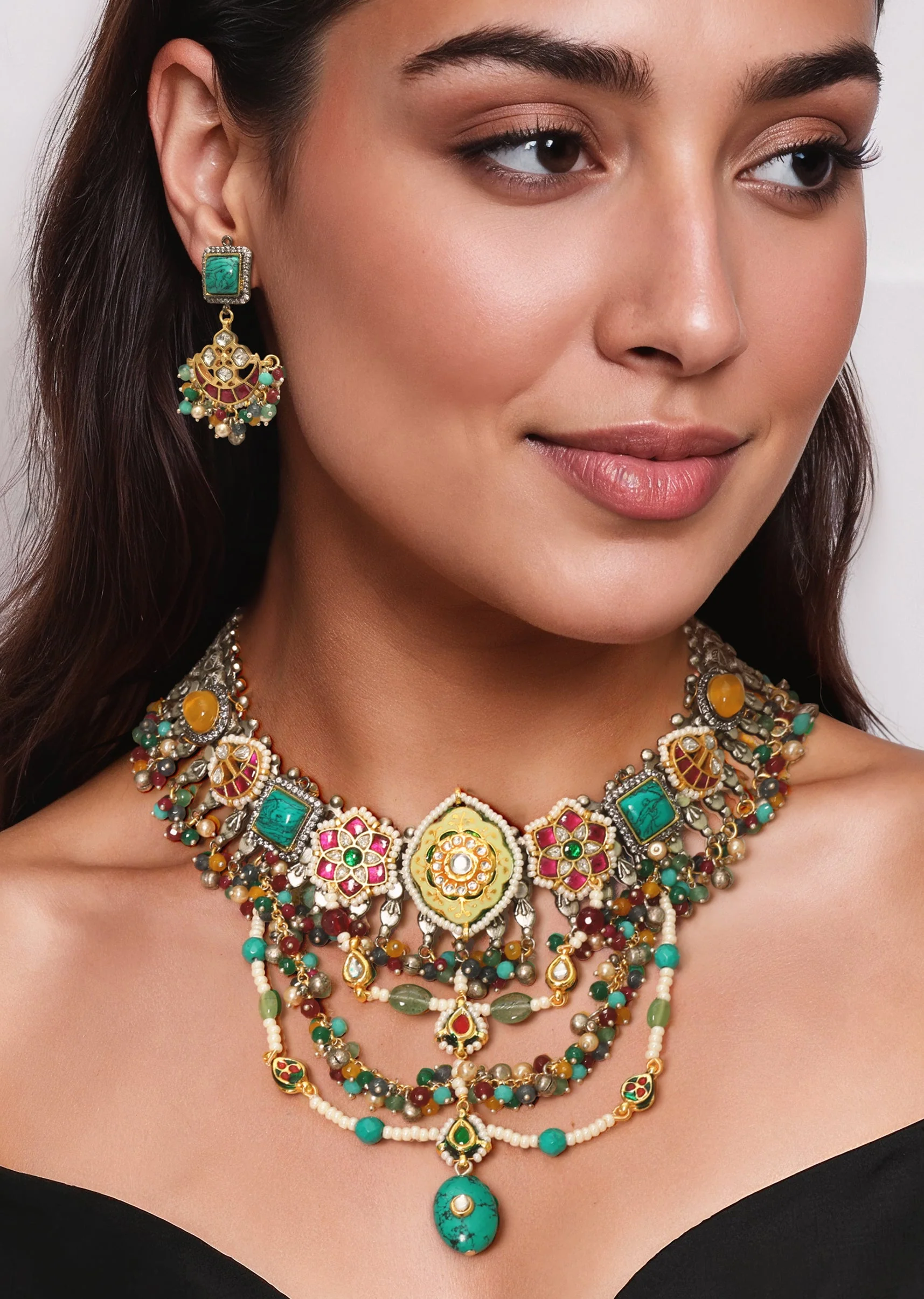 Multi Stone Drop Pendant Necklace and Earring Set