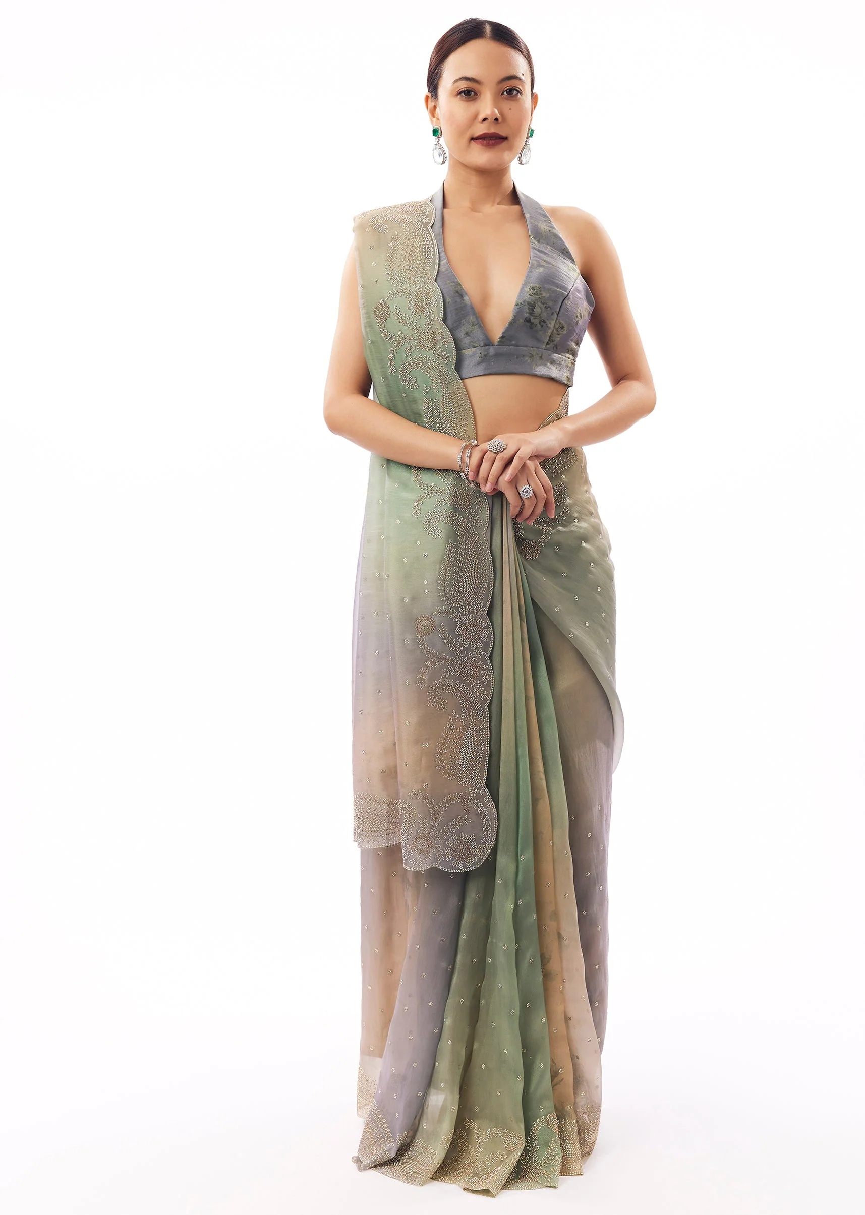 Multi Tissue Organza Stone Embellished Saree - Image 3