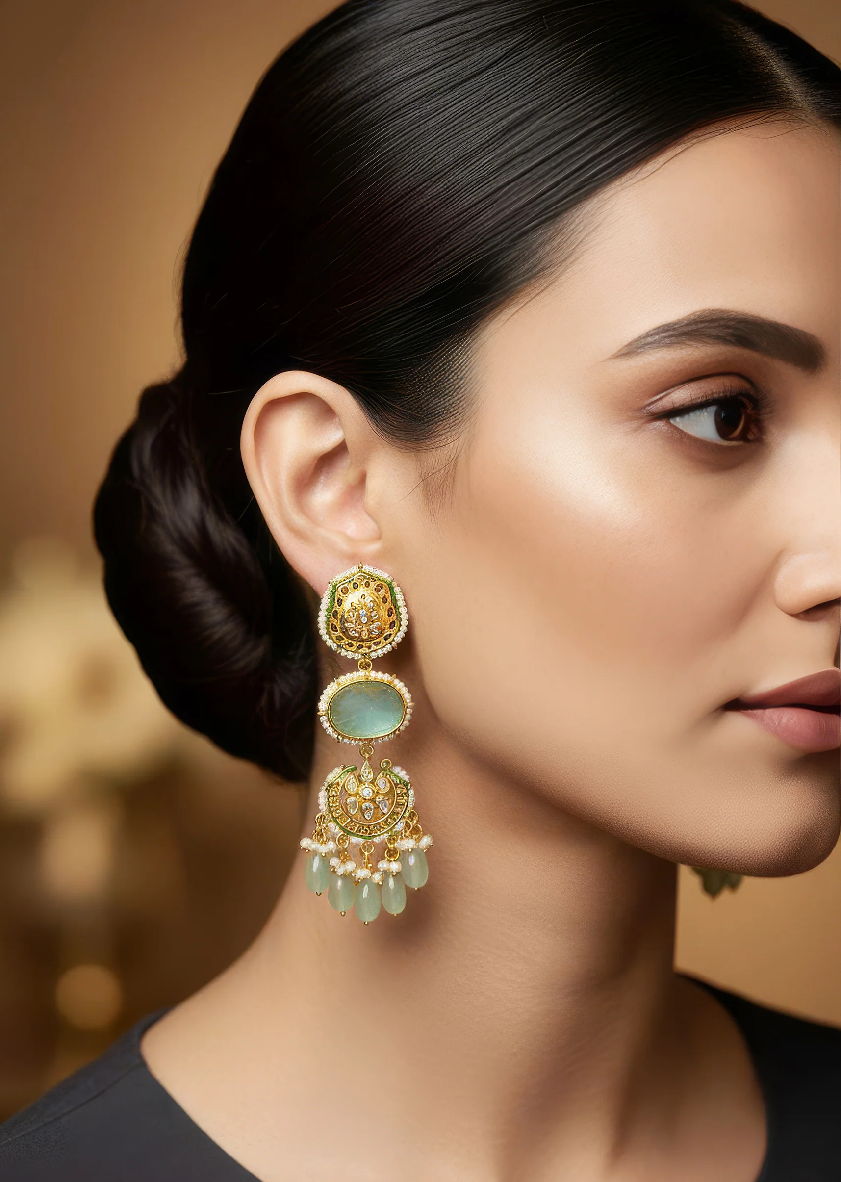 Multi Traditional Gold Kundan Polki Earrings with Stones